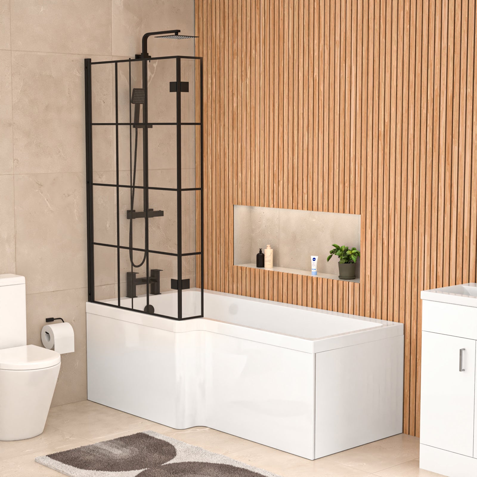Nanuya L-Shaped LH Shower Bath Basin White 450mm Vanity Toilet Matte Black Taps Set