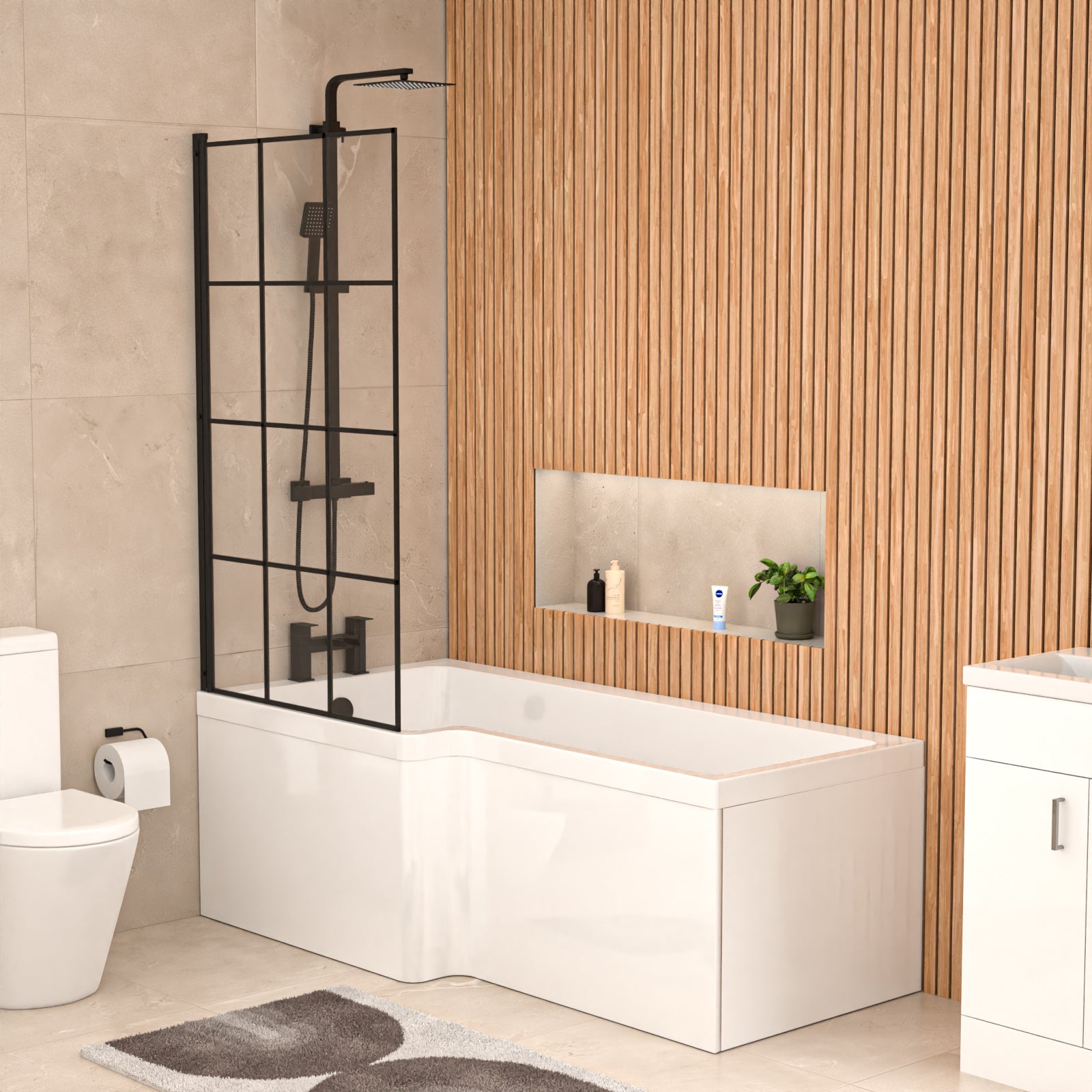 Nanuya L-Shaped LH Shower Bath Basin White 450mm Vanity Toilet Matte Black Taps Set