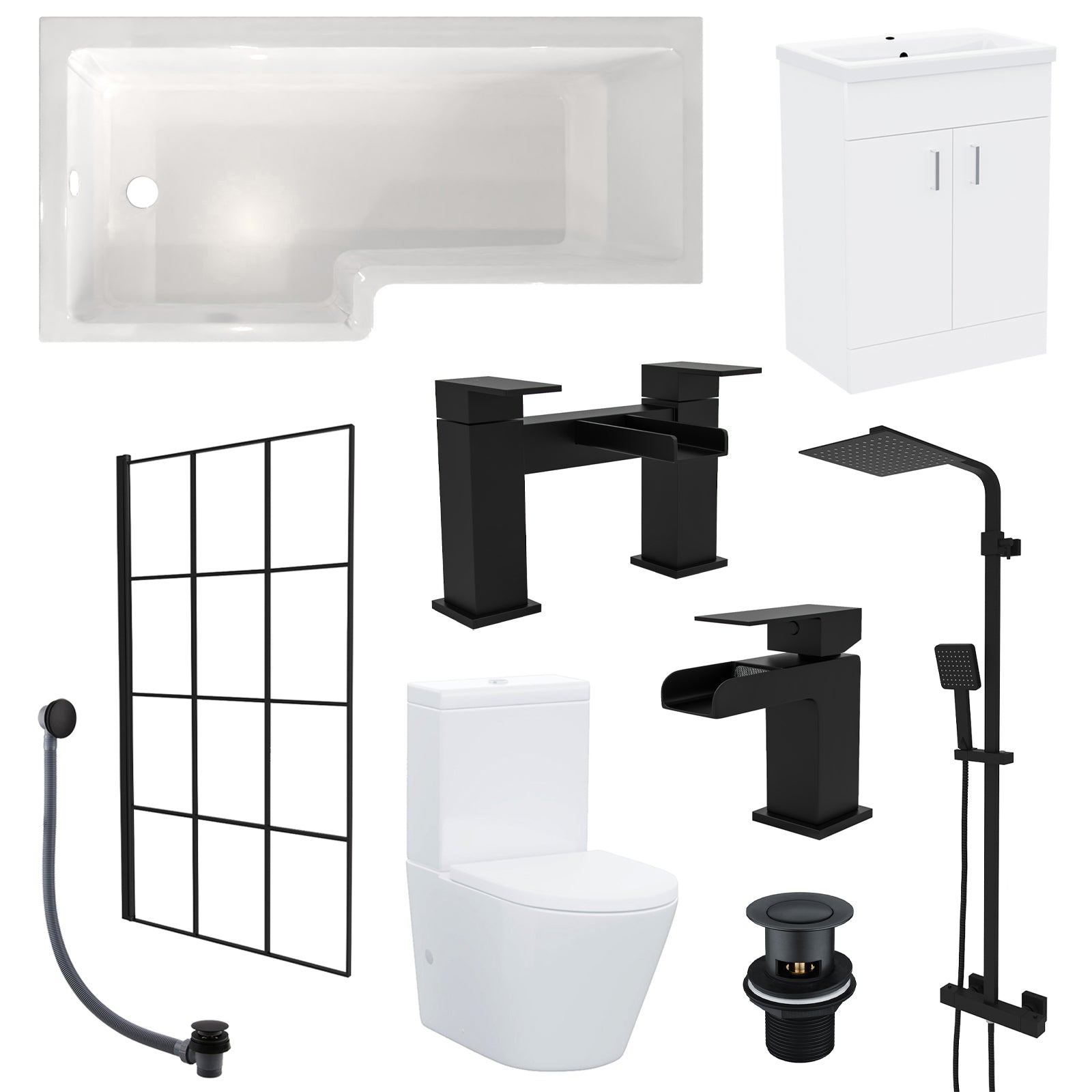 Nanuya L-Shaped LH Shower Bath Basin Vanity Toilet Set Matte Black Taps