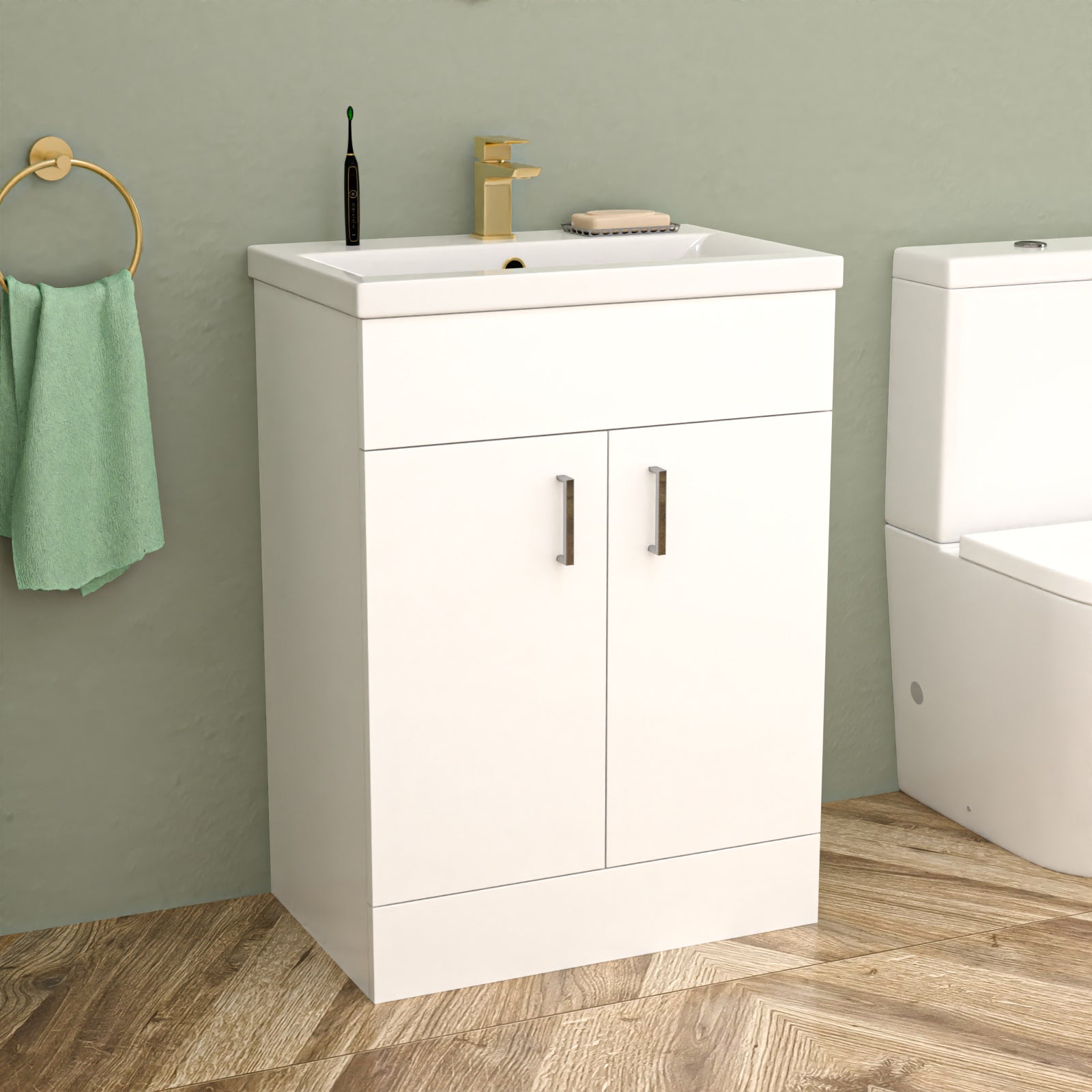 Nanuya L-Shaped LH Shower Bath Basin Vanity Toilet Set Brushed Brass Taps