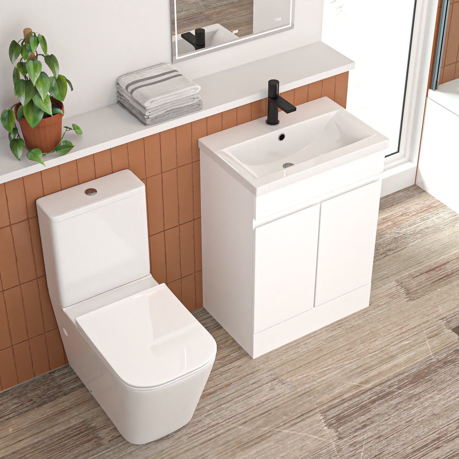 L-Shaped Left Hand Bath Set, Panel, Bath Screen, CC Toilet, 600mm Freestanding Vanity