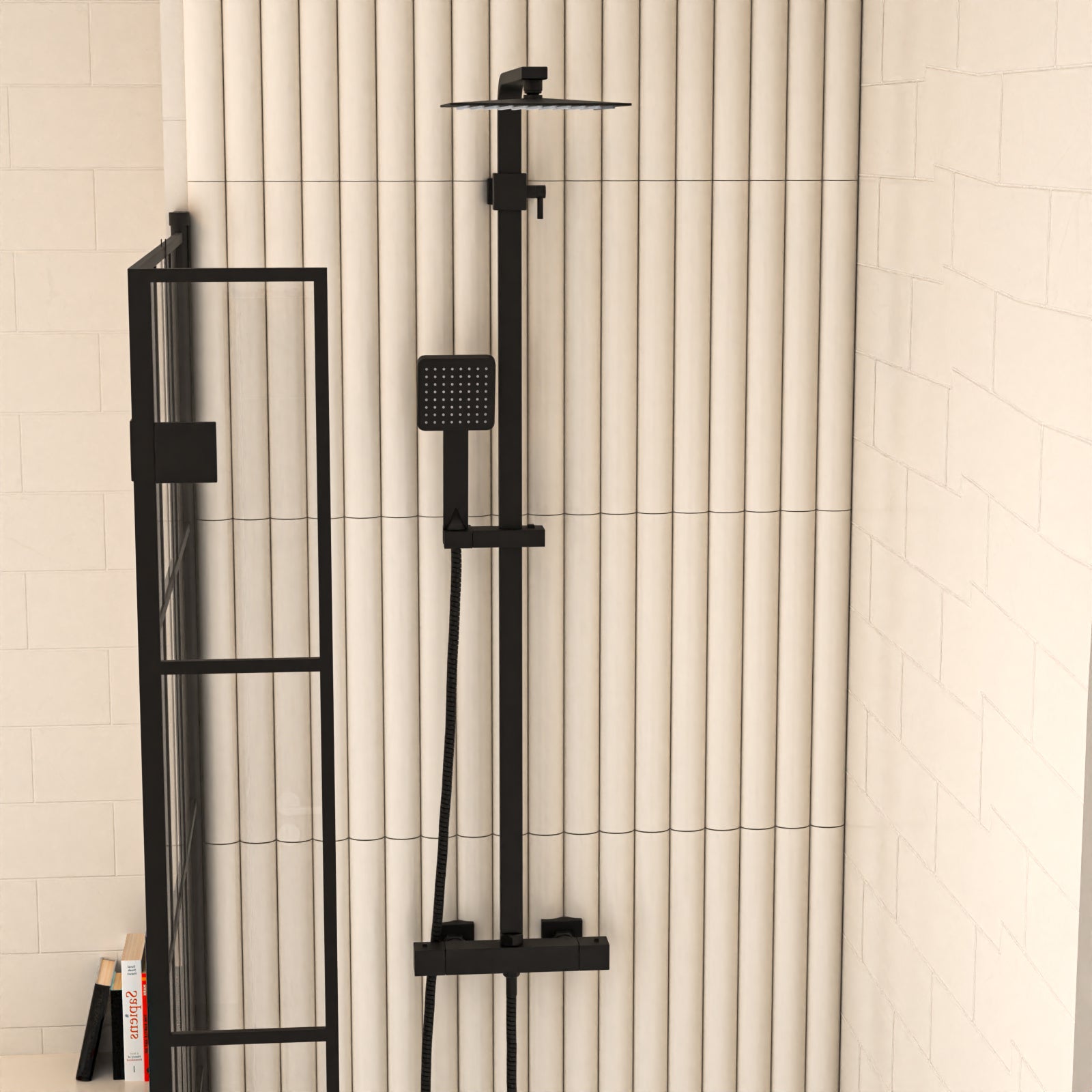 Nanuya L-Shaped LH Bath Shower Dark Grey Basin Vanity Toilet Matte Black Taps