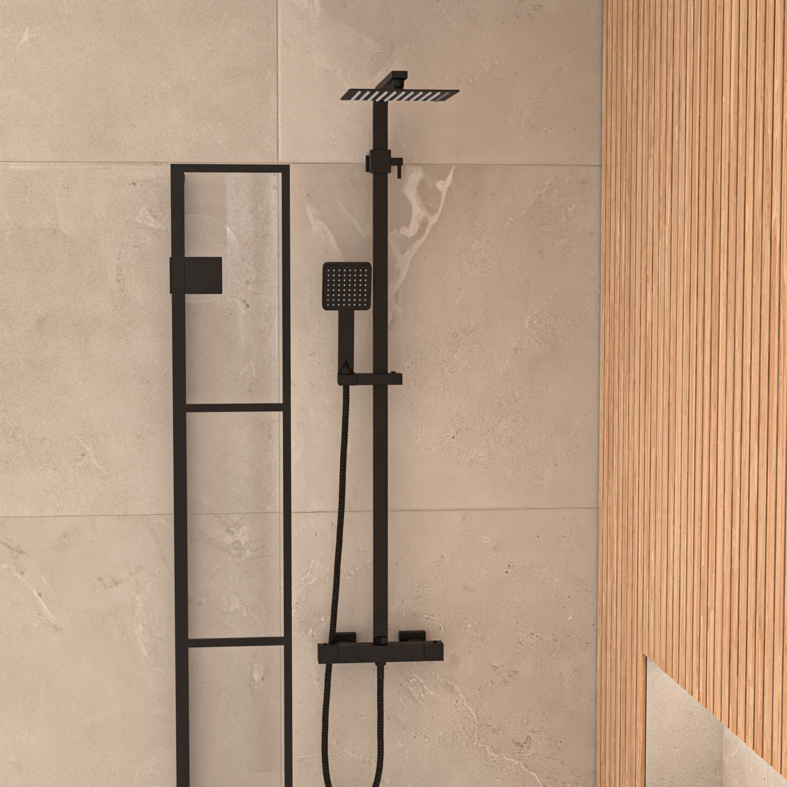 Alaska L-Shaped LH Bath Shower White Doors Vanity Toilet Matte Black Taps