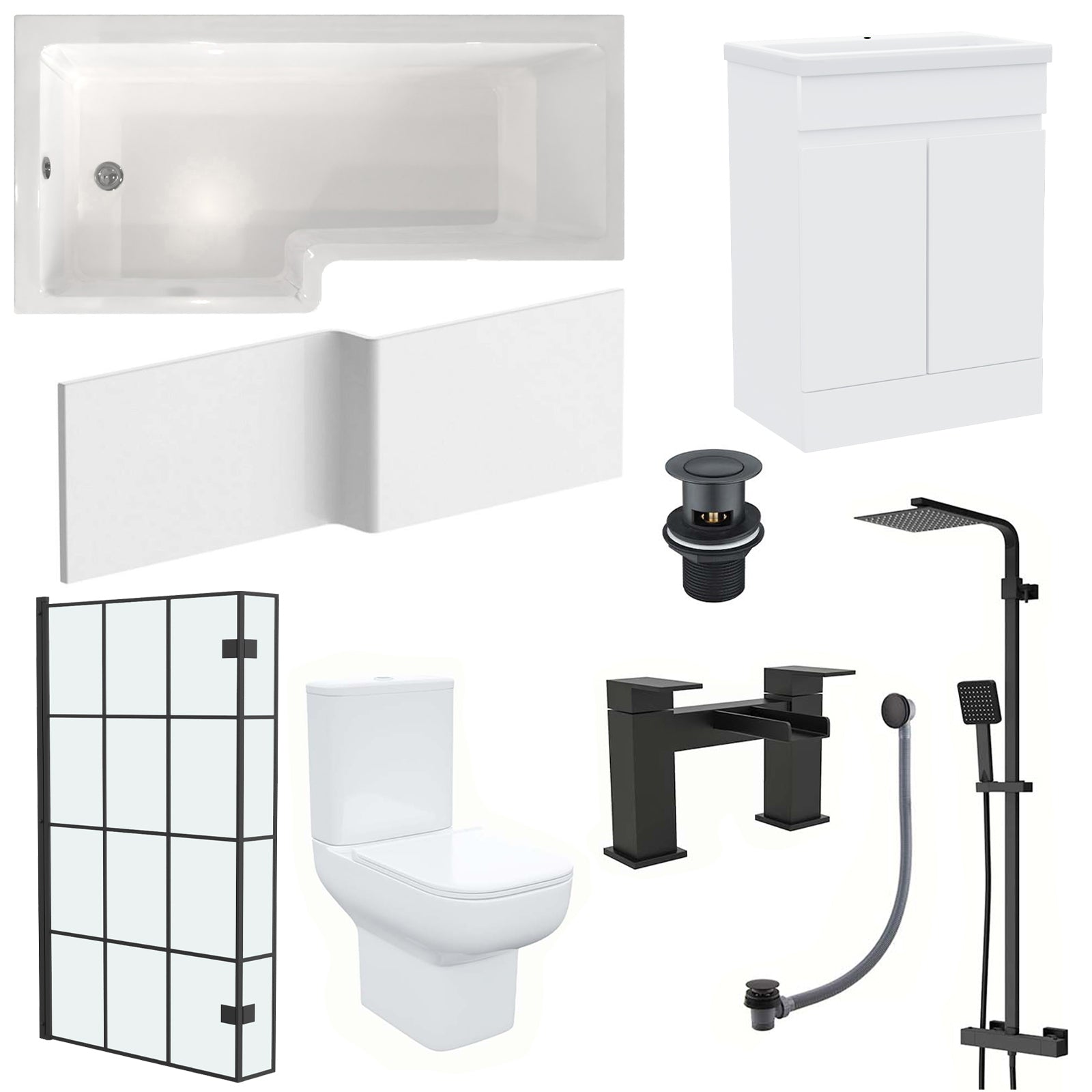 Alaska L-Shaped LH Bath Shower White Doors Vanity Toilet Matte Black Taps