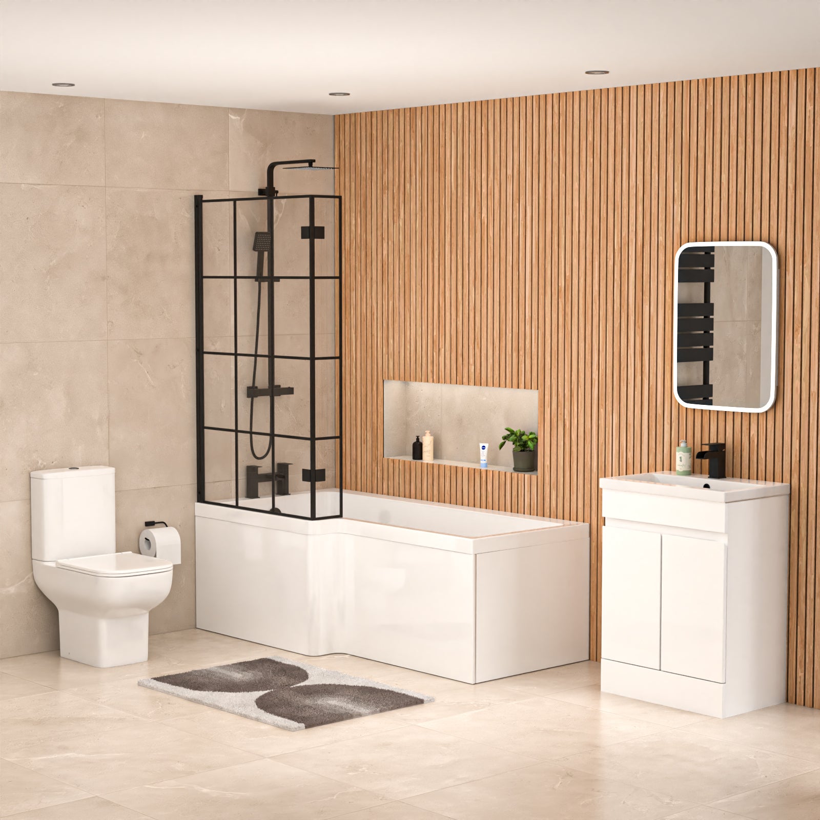 Alaska L-Shaped LH Bath Shower White Doors Vanity Toilet Matte Black Taps