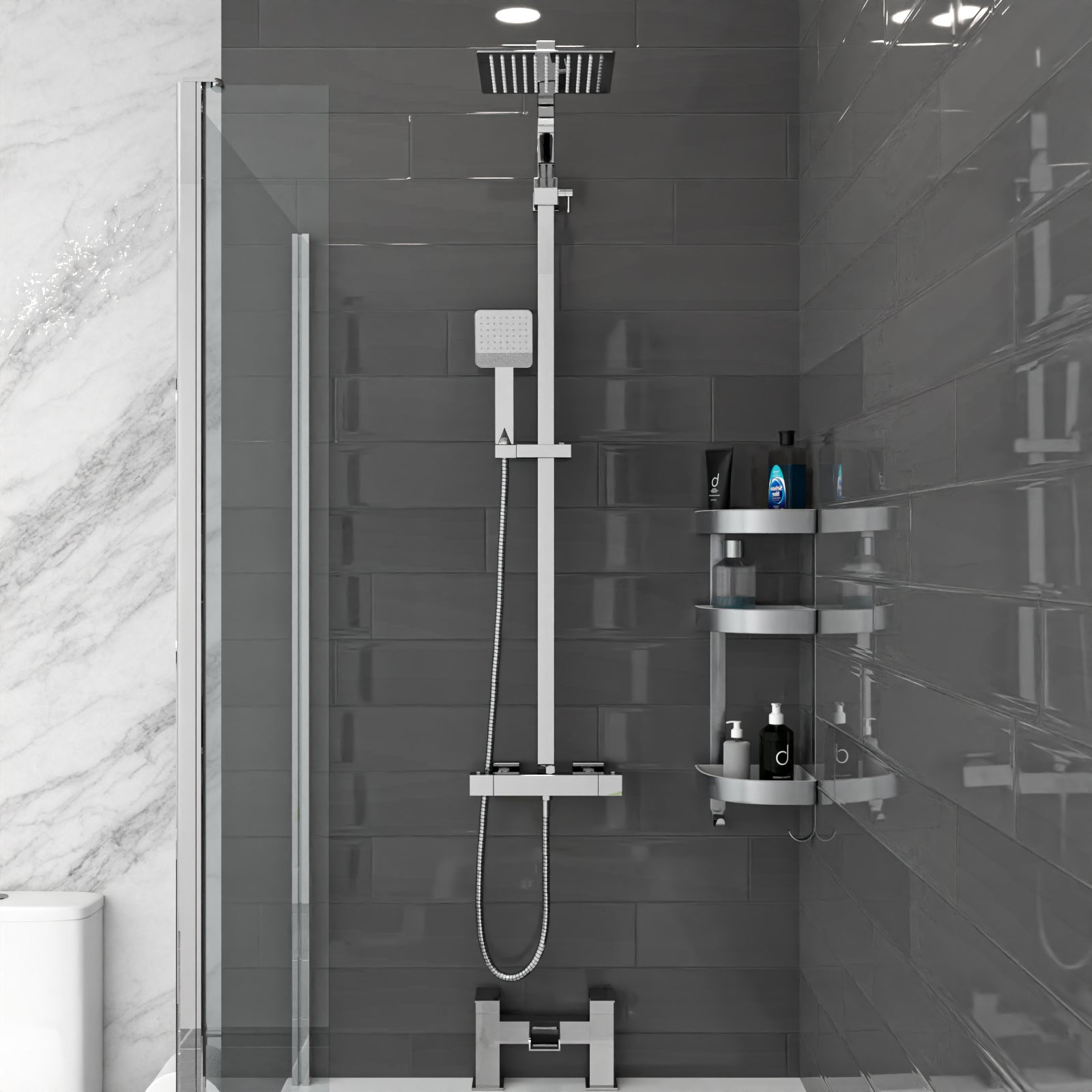 Nanuya White L-Shaped LH Shower Bath & Basin BTW Toilet Vanity With Taps