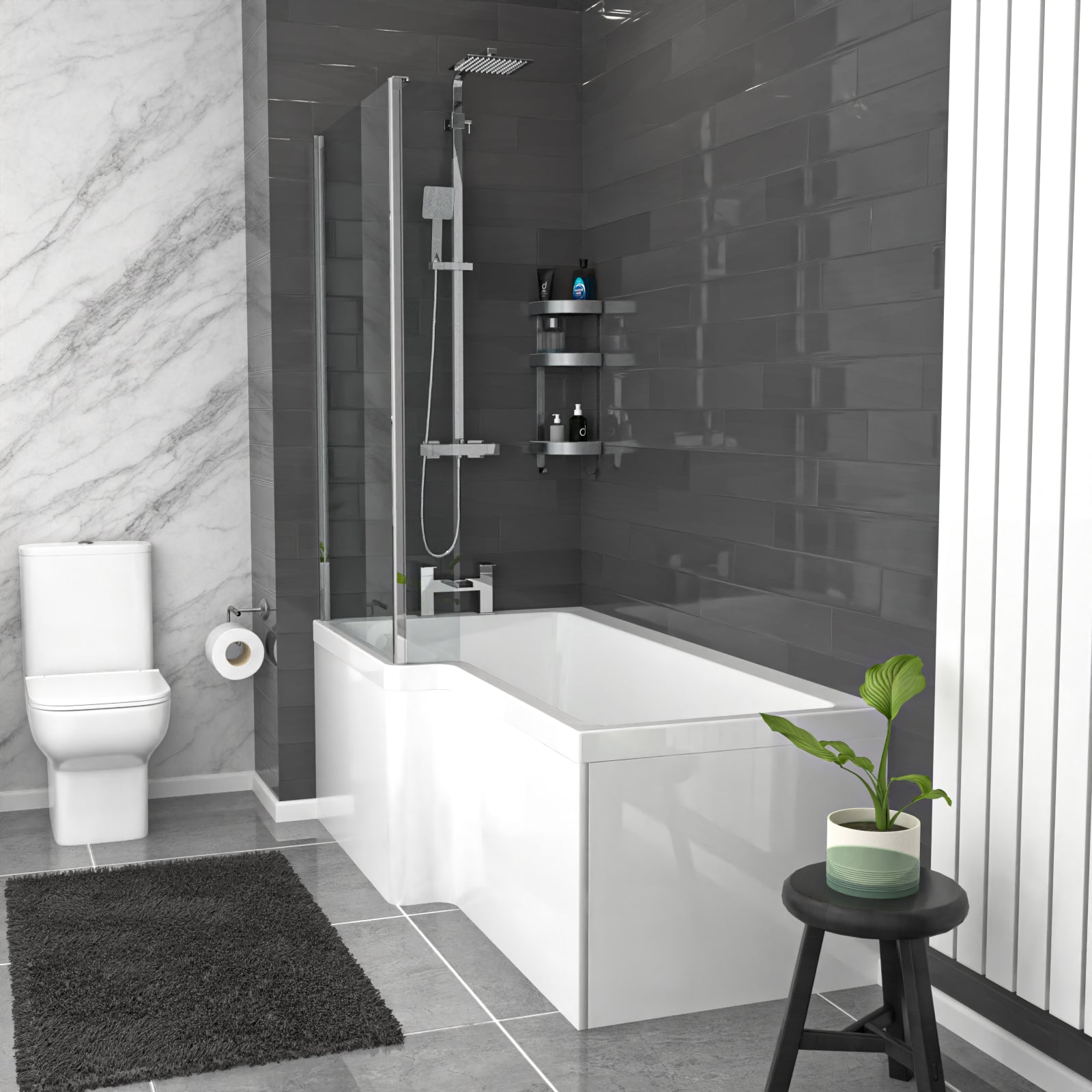 Nanuya White L-Shaped LH Shower Bath & Basin BTW Toilet Vanity With Taps