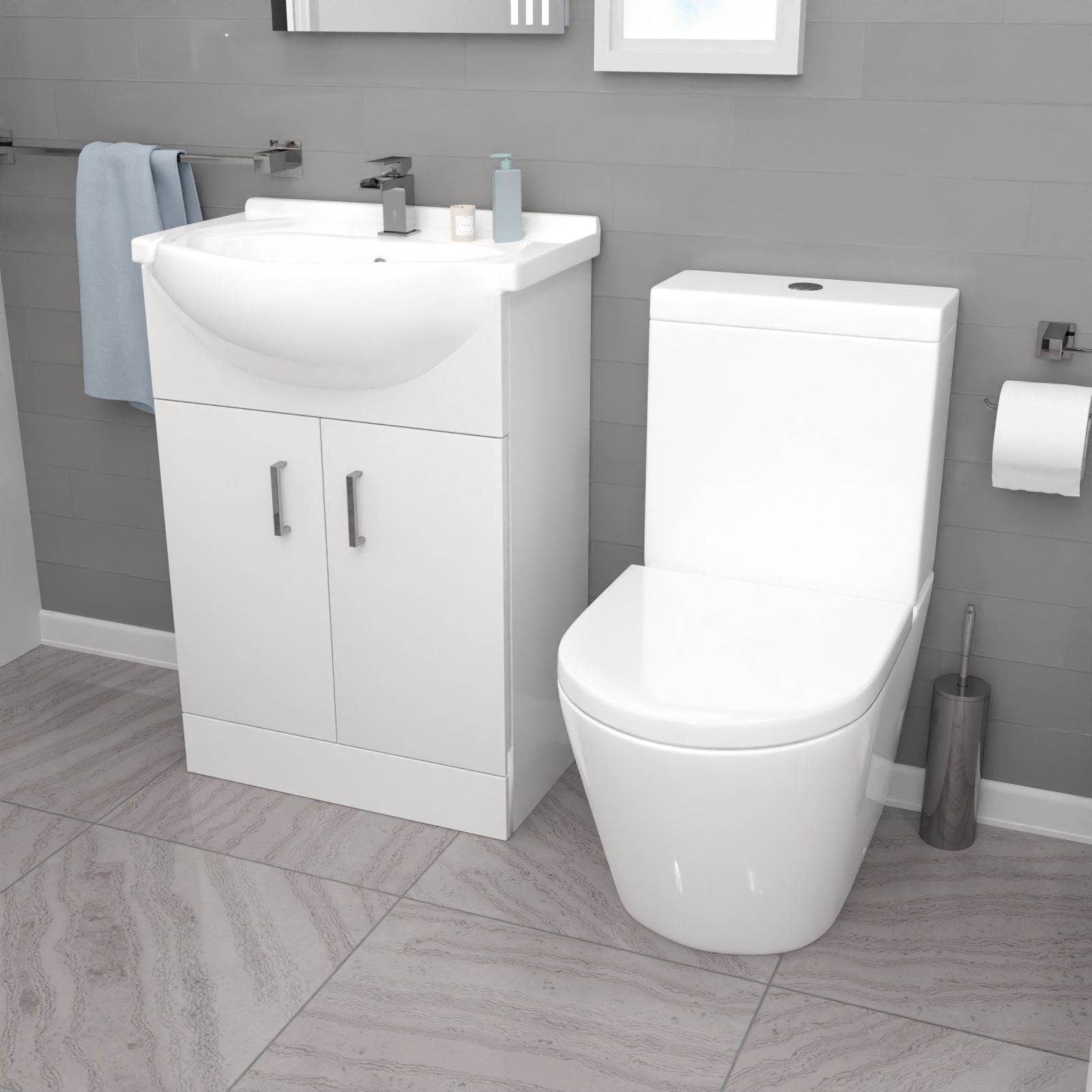 Ellen L-Shaped LH Shower Bath, White Basin Vanity Unit Closed Coupled Toilet