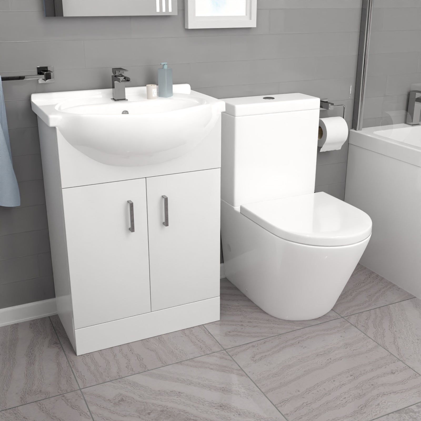 Ellen L-Shaped LH Shower Bath, White Basin Vanity Unit Closed Coupled Toilet