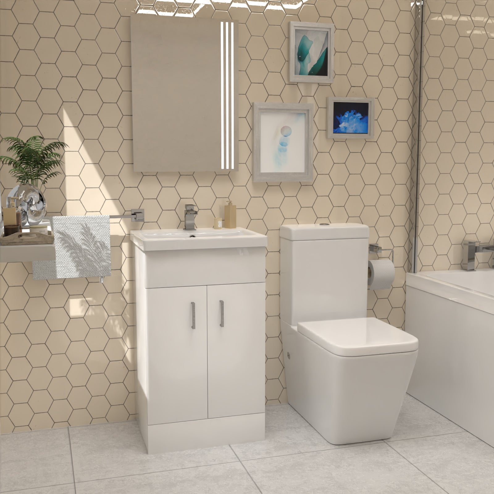 Cann L-Shaped RH Shower Bath, White Basin Vanity Unit & Close Coupled Toilet