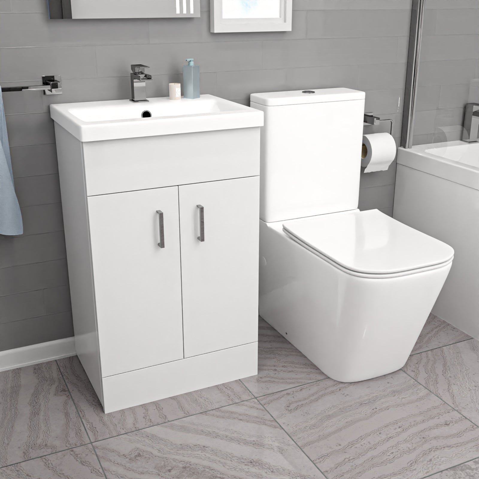 Nanuya L-Shaped Left Hand Shower Bath, White Basin Vanity Unit & Close Coupled Toilet