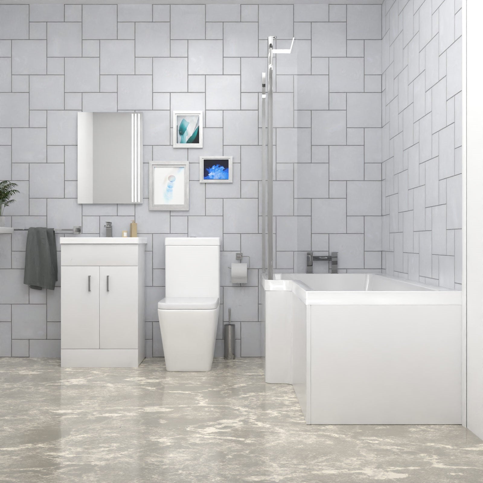 Cann L-Shaped Shower Bath with Vanity Unit & Toilet, Taps & Shower Suite