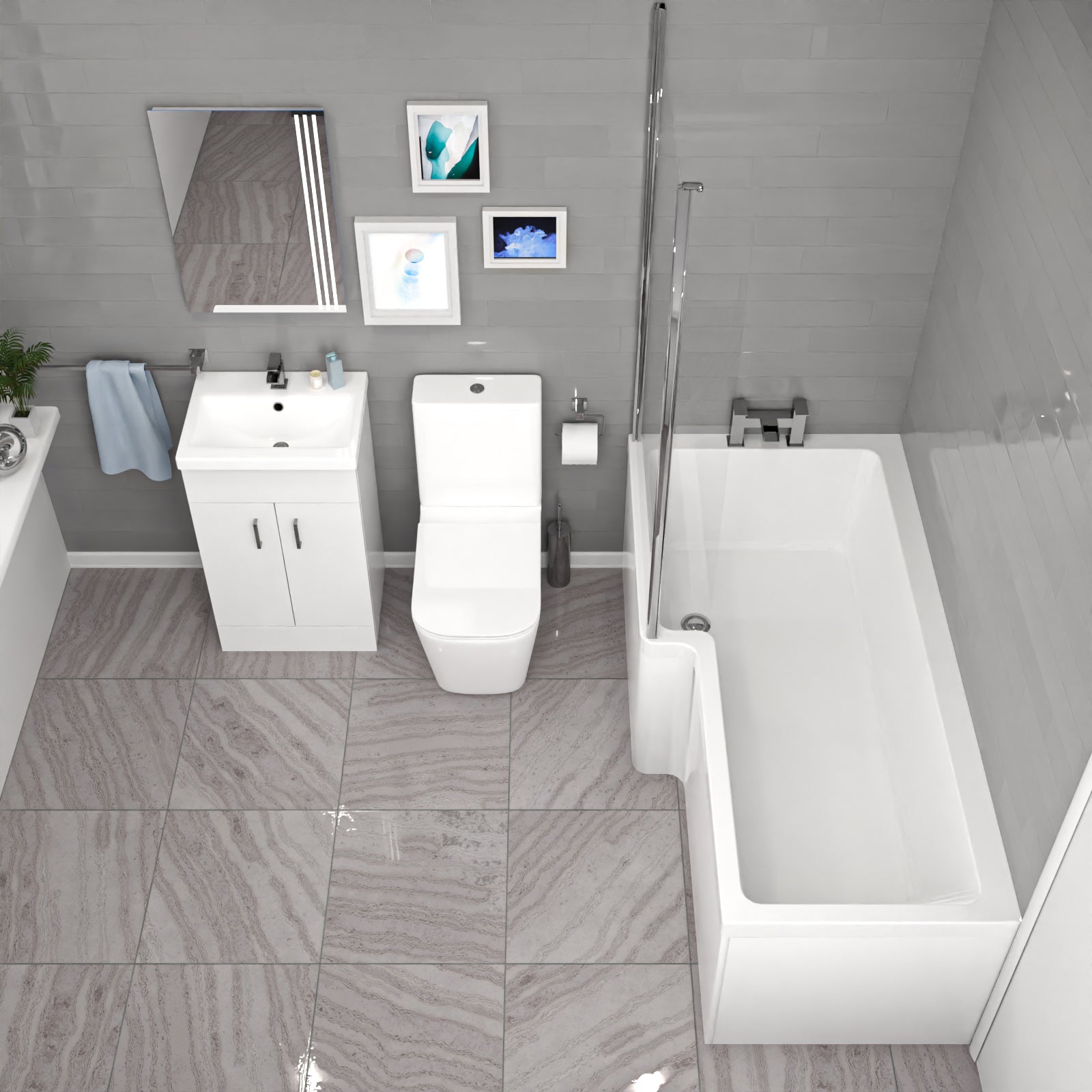 Nanuya L-Shaped Left Hand Shower Bath, White Basin Vanity Unit & Close Coupled Toilet