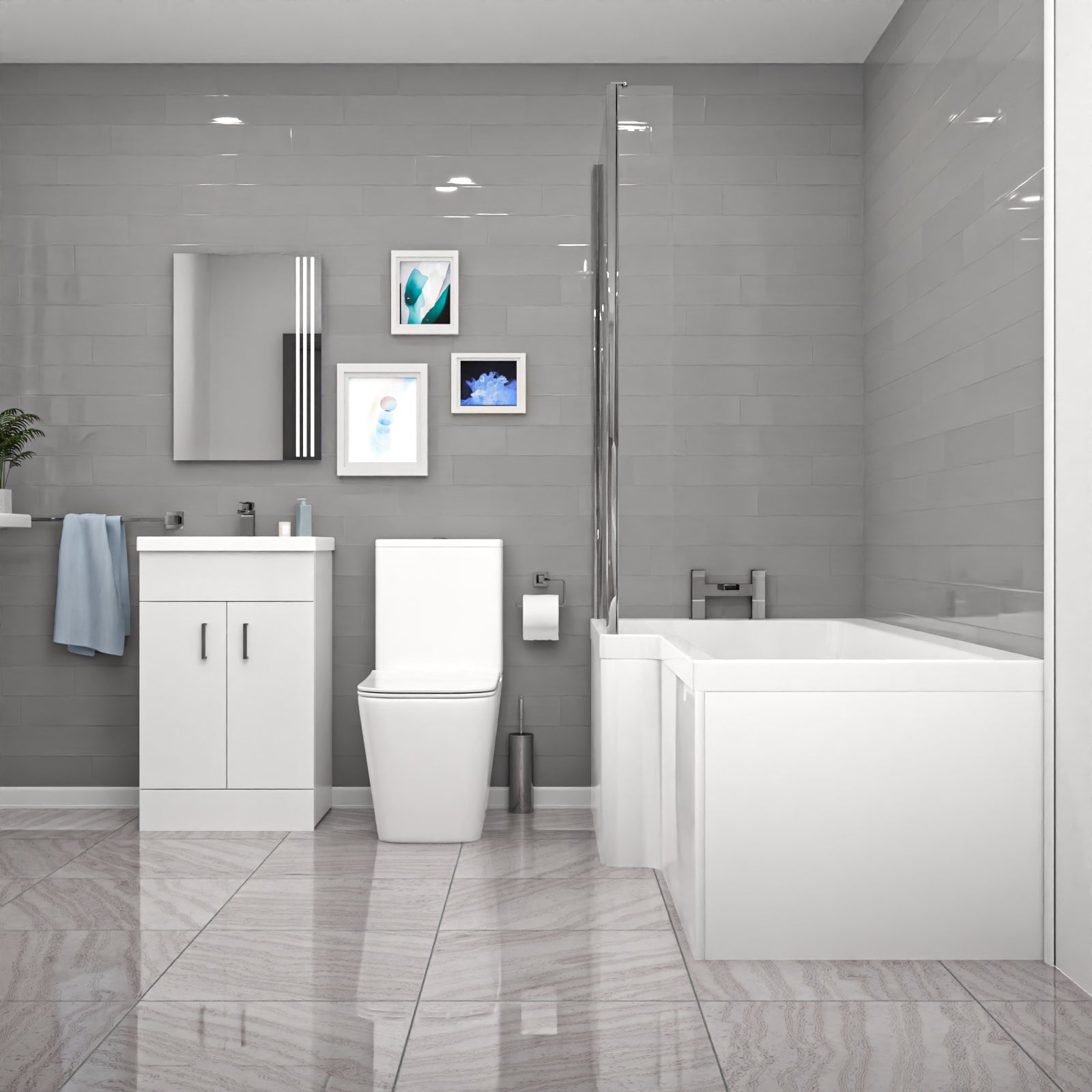 Nanuya L-Shaped Left Hand Shower Bath, White Basin Vanity Unit & Close Coupled Toilet