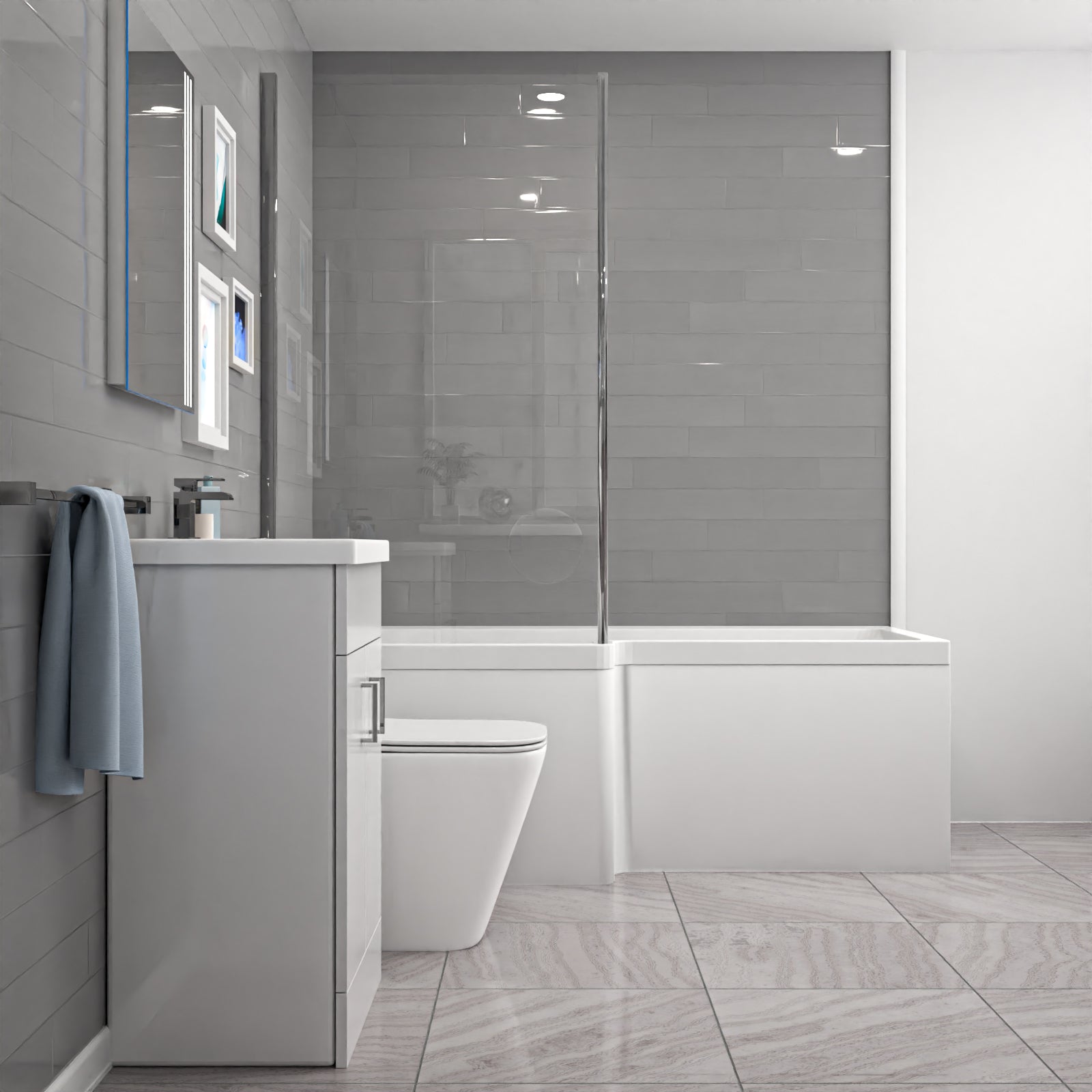 Nanuya L-Shaped Left Hand Shower Bath, White Basin Vanity Unit & Close Coupled Toilet