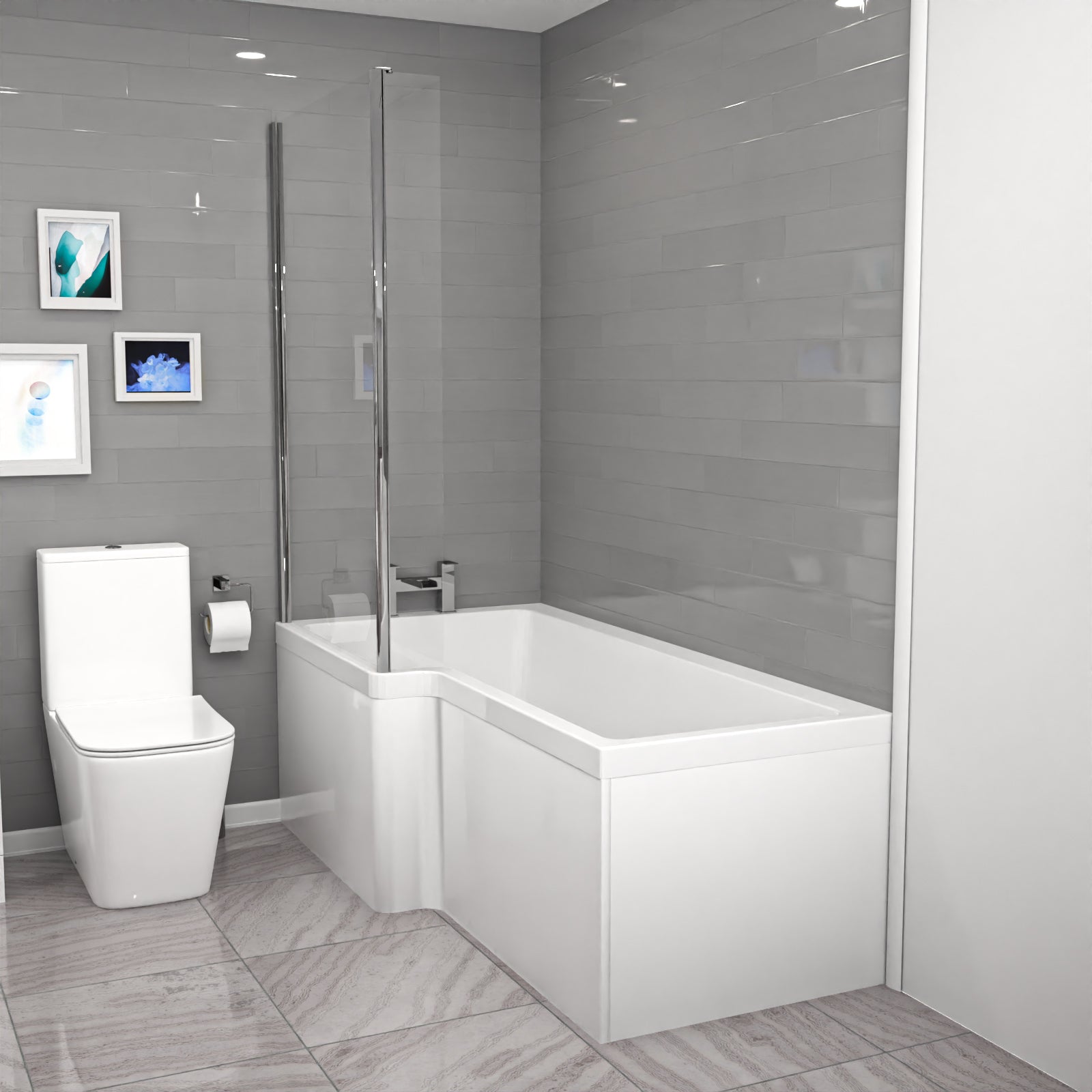 Nanuya L-Shaped Left Hand Shower Bath, White Basin Vanity Unit & Close Coupled Toilet