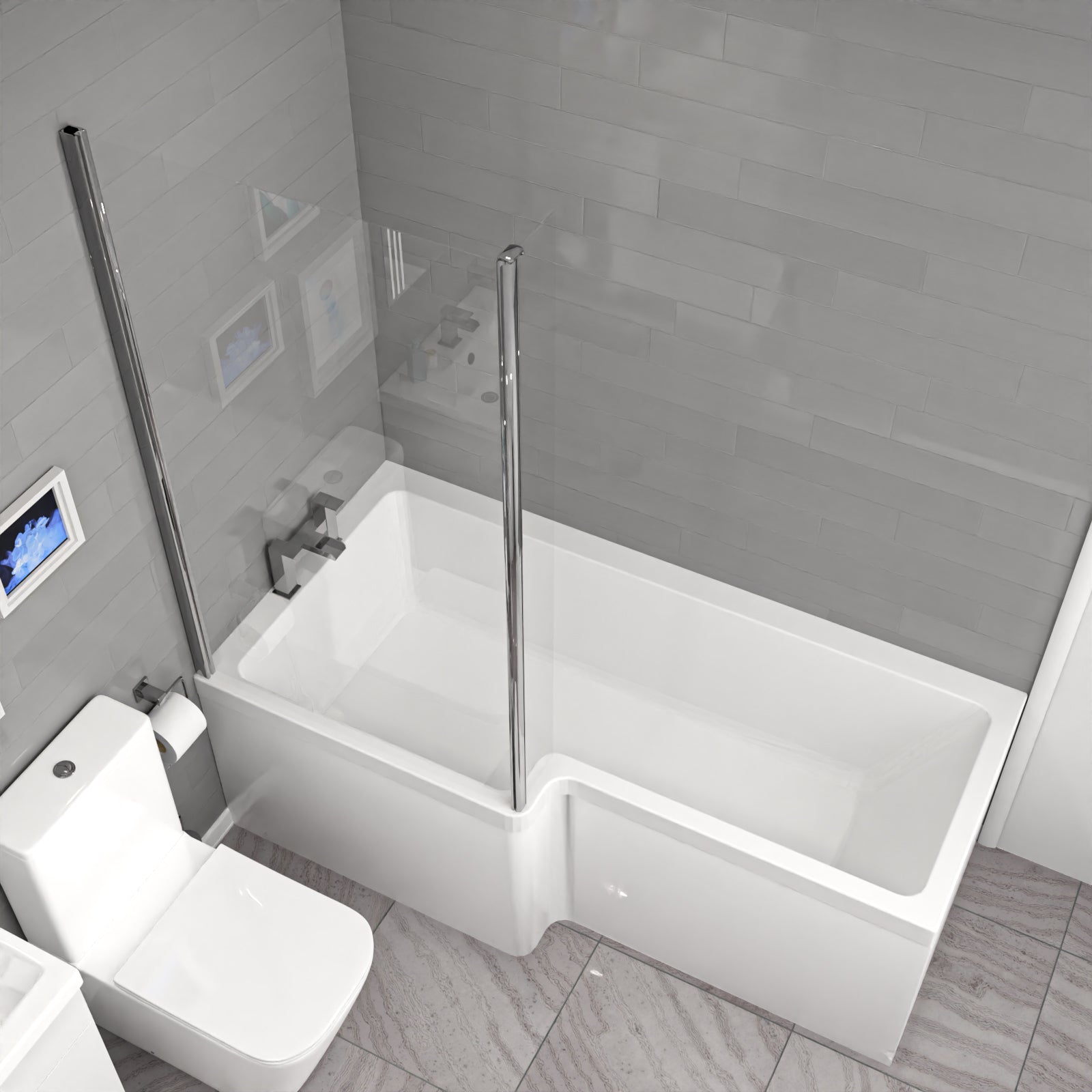 Nanuya L-Shaped Left Hand Shower Bath, White Basin Vanity Unit & Close Coupled Toilet