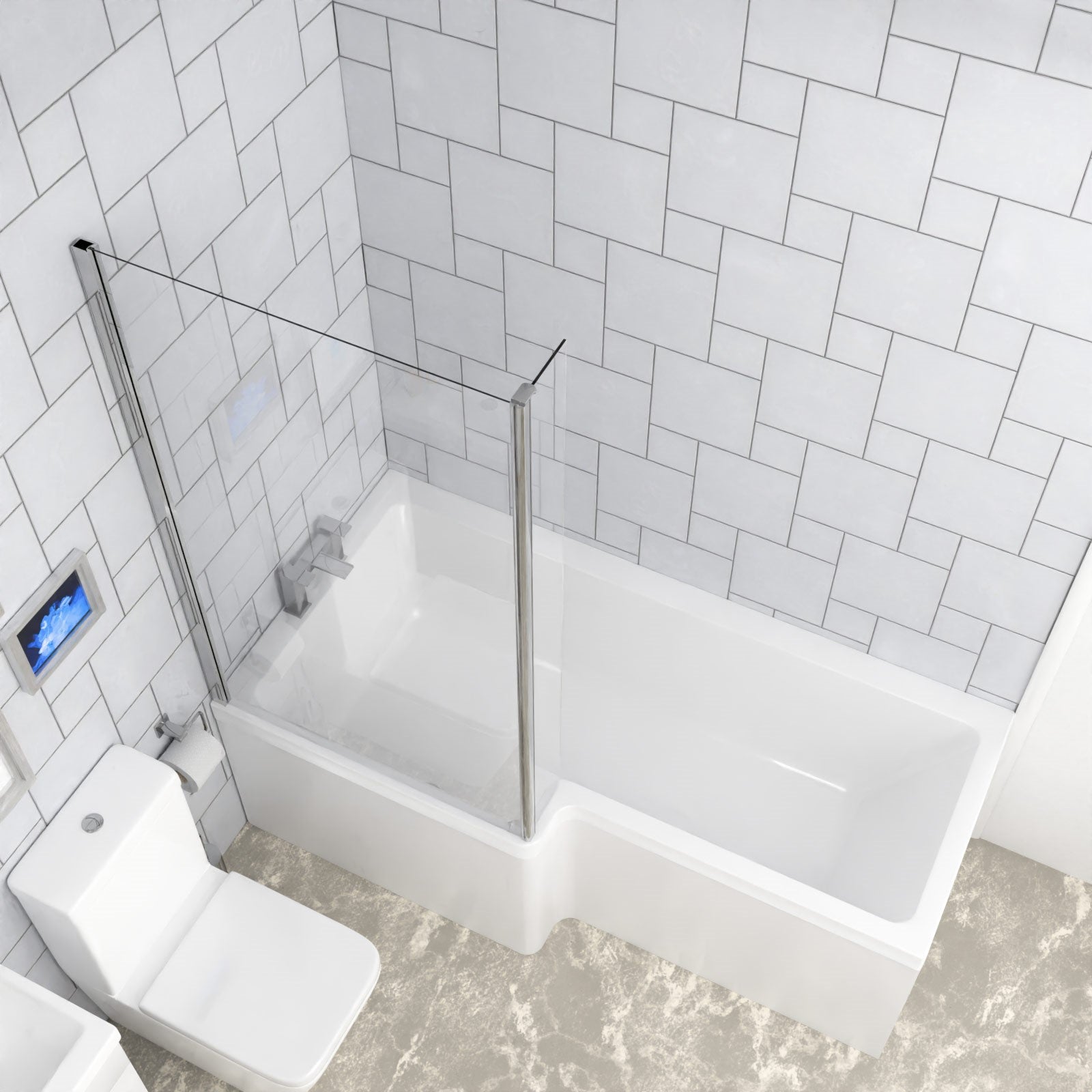 Cann L-Shaped Shower Bath with Vanity Unit & Toilet, Taps & Shower Suite