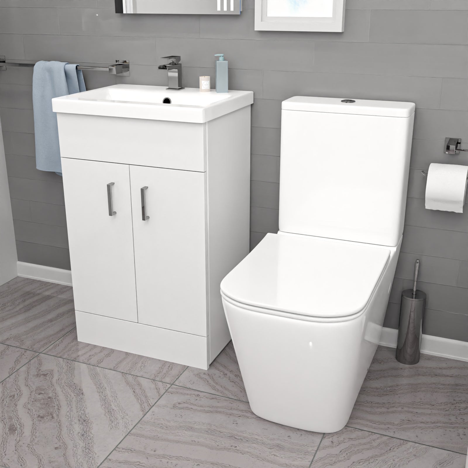 Nanuya L-Shaped Left Hand Shower Bath, White Basin Vanity Unit & Close Coupled Toilet