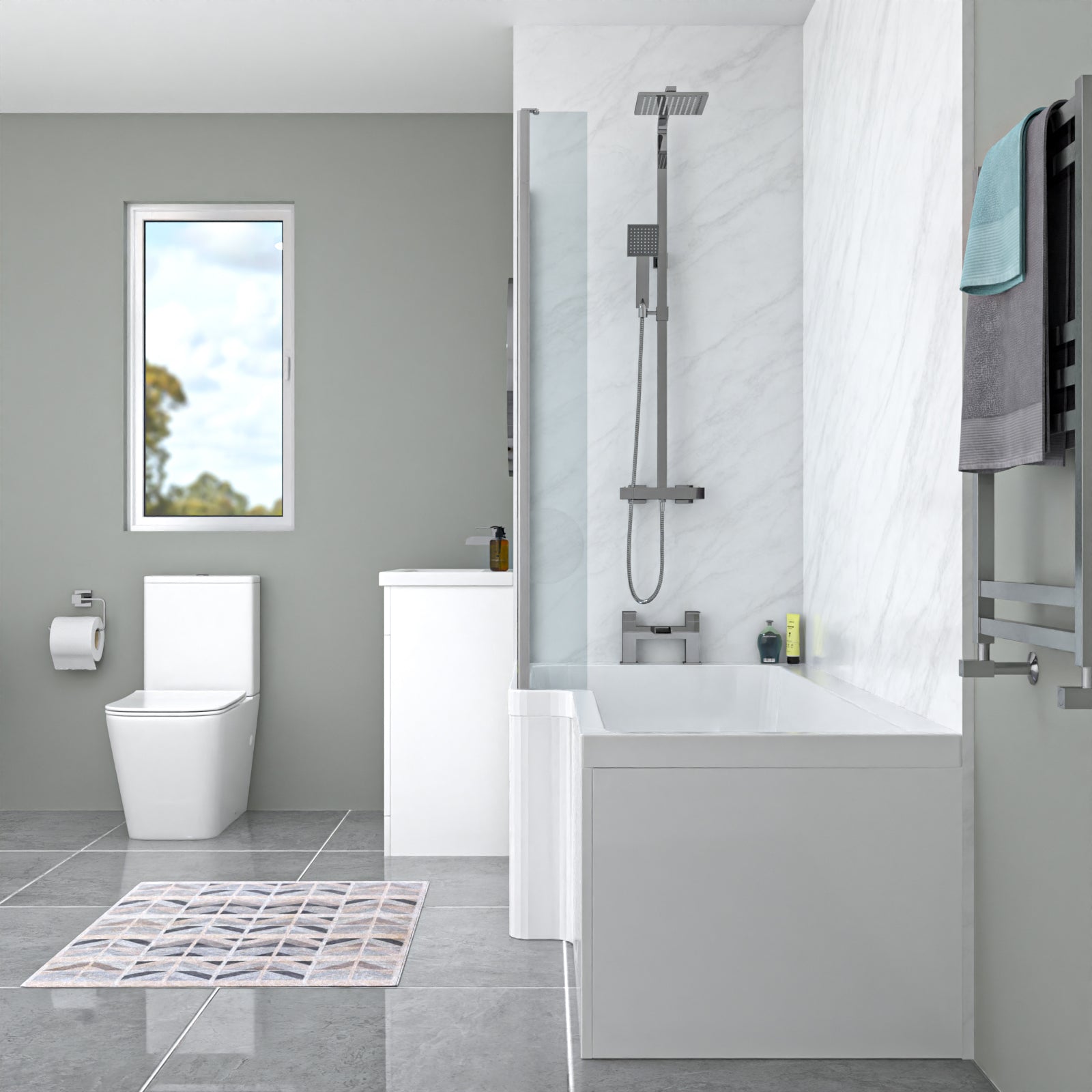 Nanuya White L-Shaped LH Bath Close Coupled Toilet & Floor Standing Basin Set