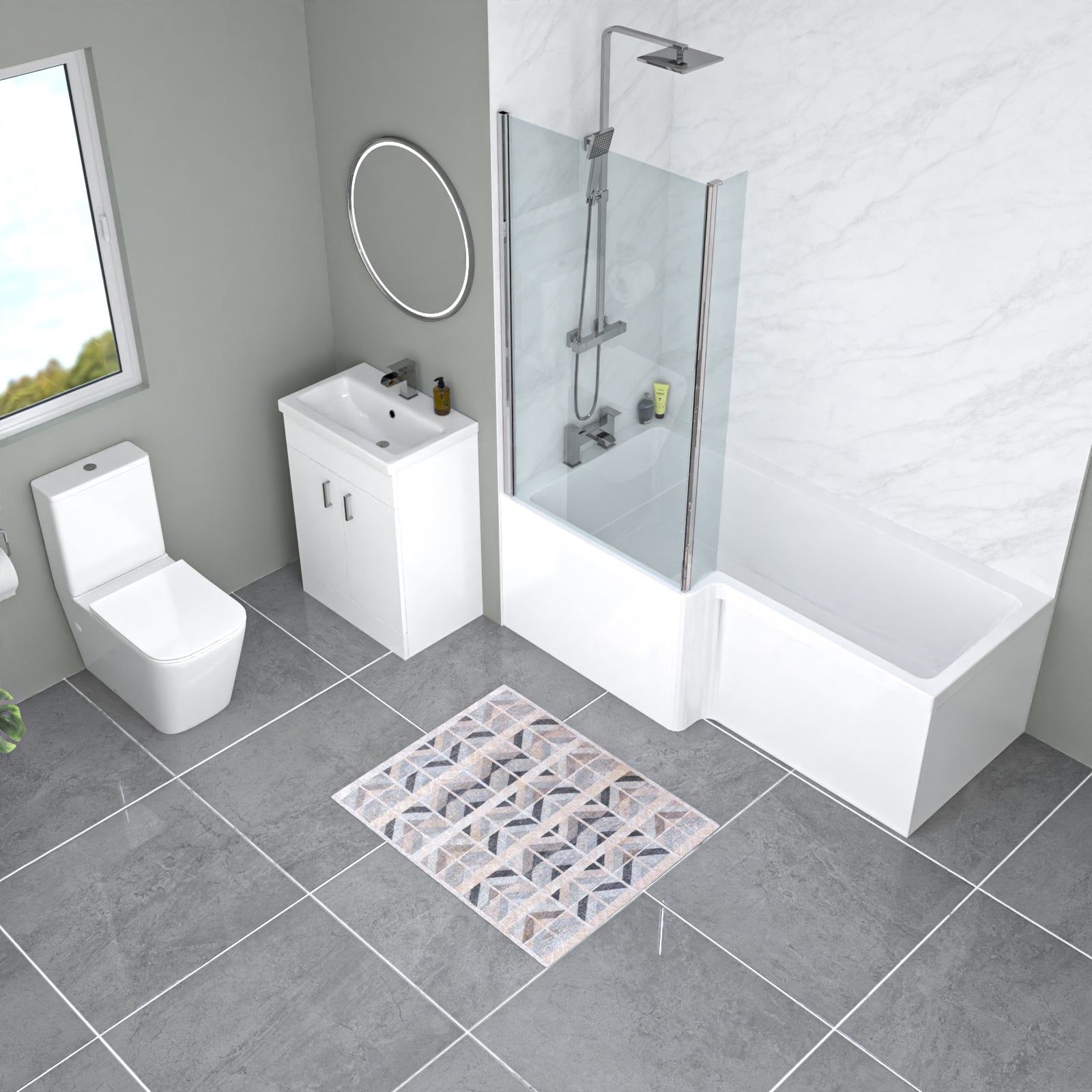 Nanuya White L-Shaped LH Bath Close Coupled Toilet & Floor Standing Basin Set