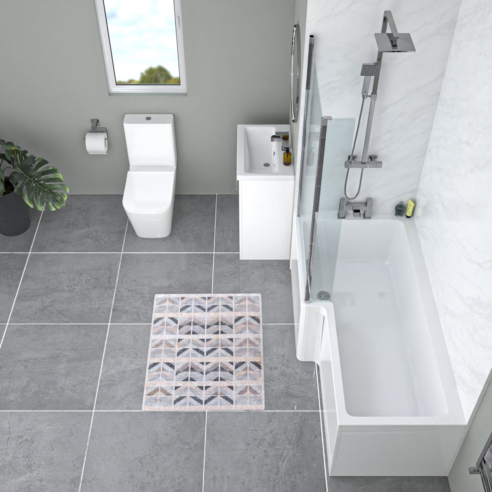 Nanuya White L-Shaped LH Bath Close Coupled Toilet & Floor Standing Basin Set