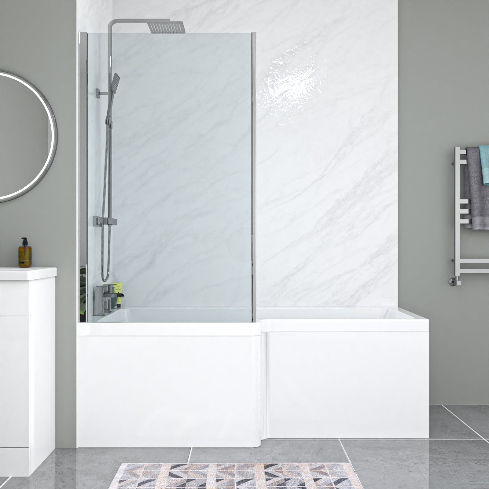 Nanuya White L-Shaped LH Bath Close Coupled Toilet & Floor Standing Basin Set