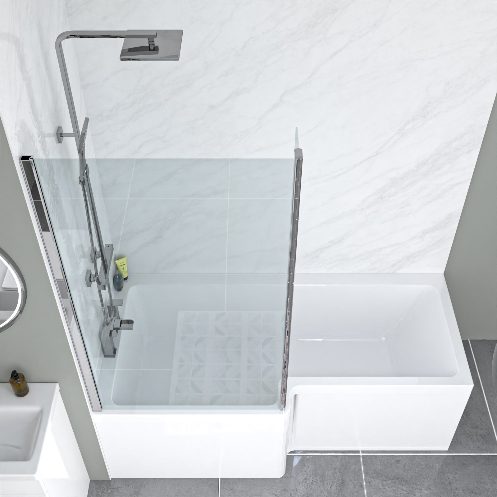 Nanuya White L-Shaped LH Bath Close Coupled Toilet & Floor Standing Basin Set