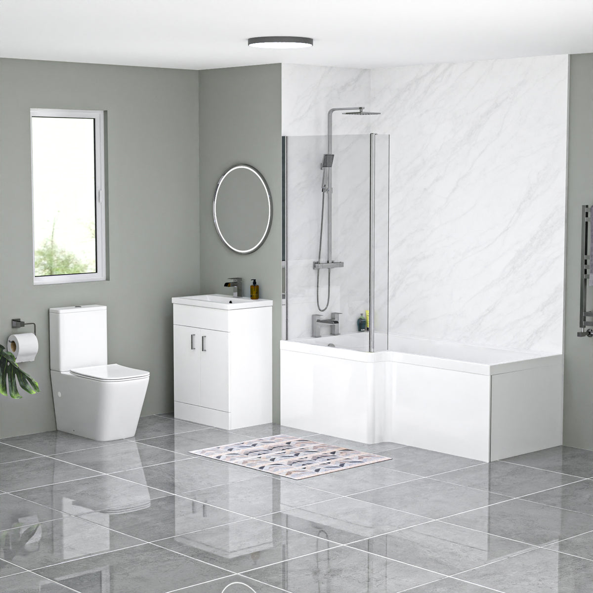 Nanuya L-Shaped LH Bath With Screen, Vanity With Toilet, Taps & Shower Set - White