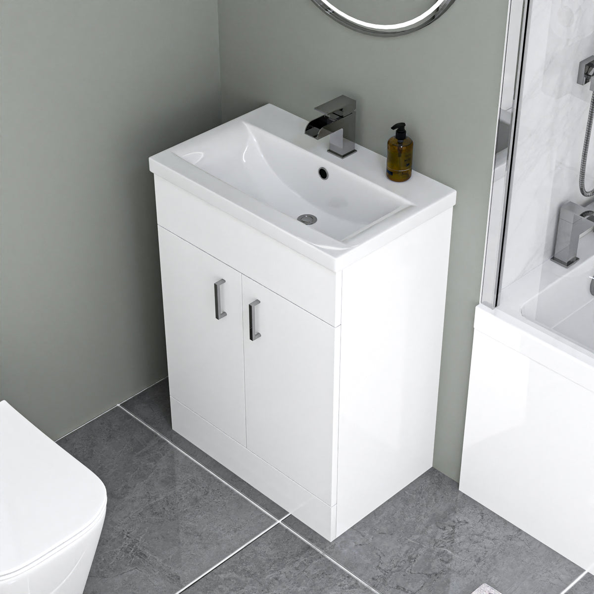 Nanuya L-Shaped LH Bath With Screen, Vanity With Toilet, Taps & Shower Set - White