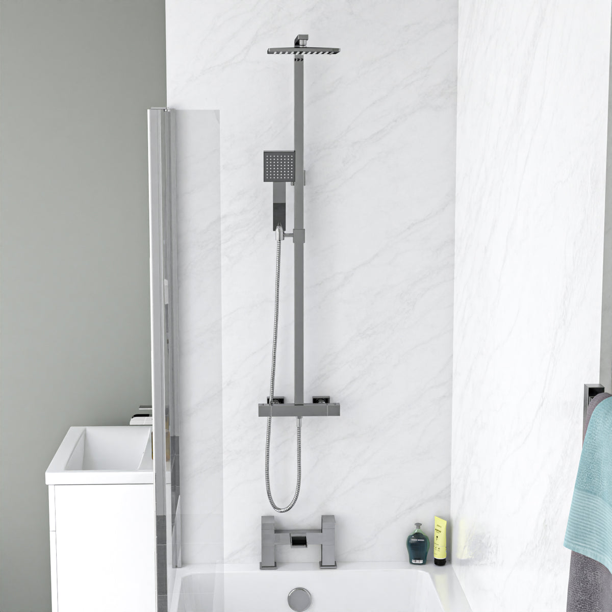 Nanuya L-Shaped LH Bath With Screen, Vanity With Toilet, Taps & Shower Set - White