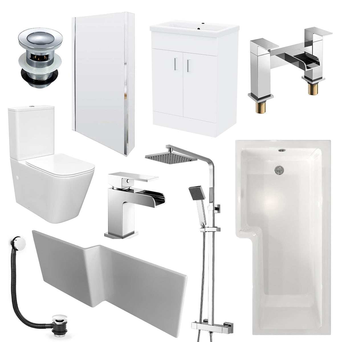 Nanuya L-Shaped LH Bath With Screen, Vanity With Toilet, Taps & Shower Set - White