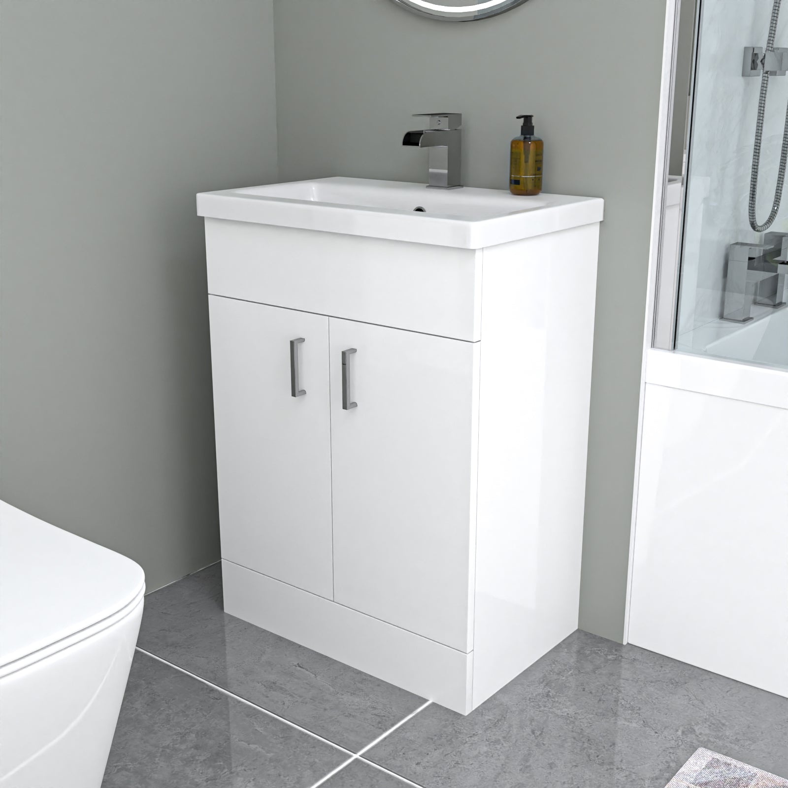 Nanuya L-Shaped LH Bath Front Panel White Basin Vanity Toilet Tap & Shower Set