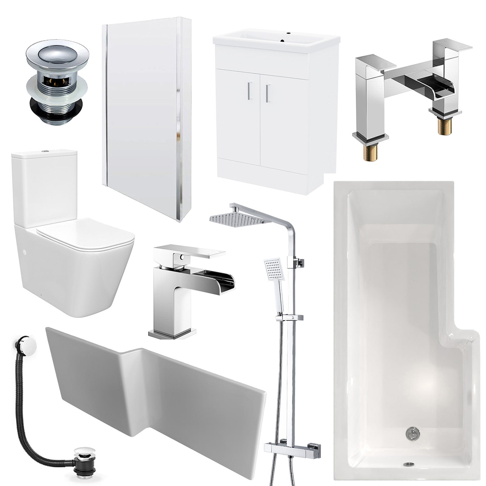 Nanuya L-Shaped LH Bath Front Panel White Basin Vanity Toilet Tap & Shower Set
