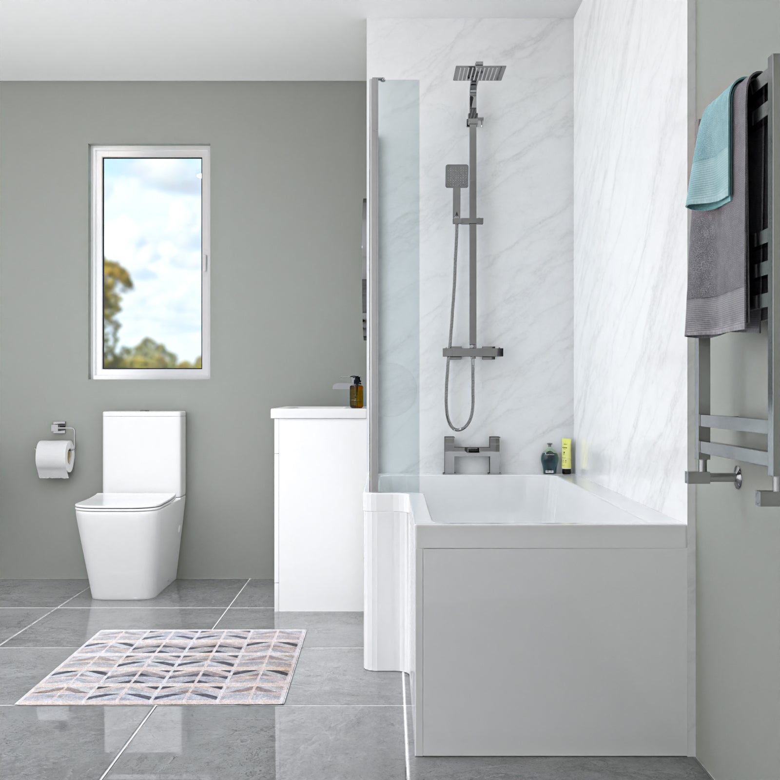 L-Shaped LH Bath Front Panel White Basin Vanity Toilet Tap & Shower Set
