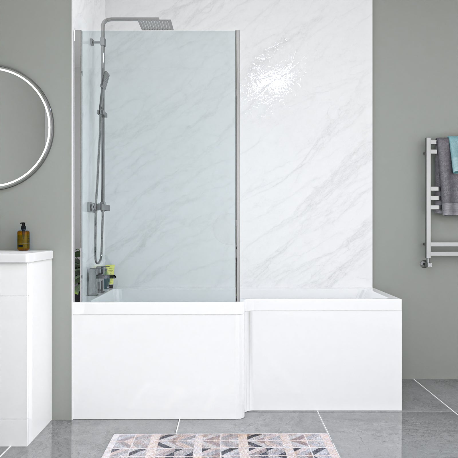 Nanuya L-Shaped LH Bath Front Panel White Basin Vanity Toilet Tap & Shower Set