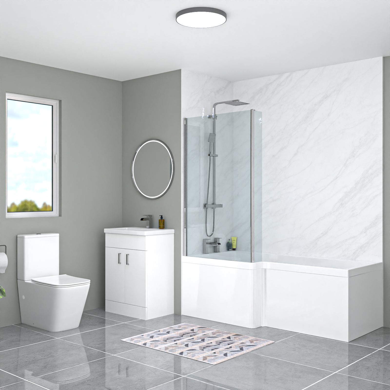 L-Shaped LH Bath Front Panel White Basin Vanity Toilet Tap & Shower Set