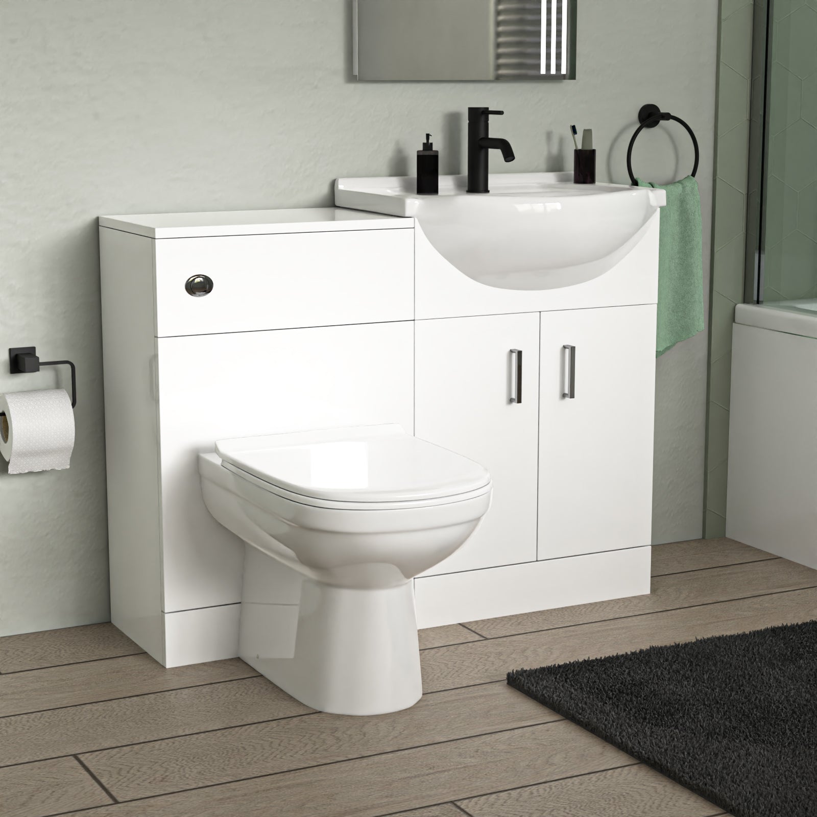 Ellen L-Shaped Shower Bath with Vanity Unit, WC Unit & Toilet