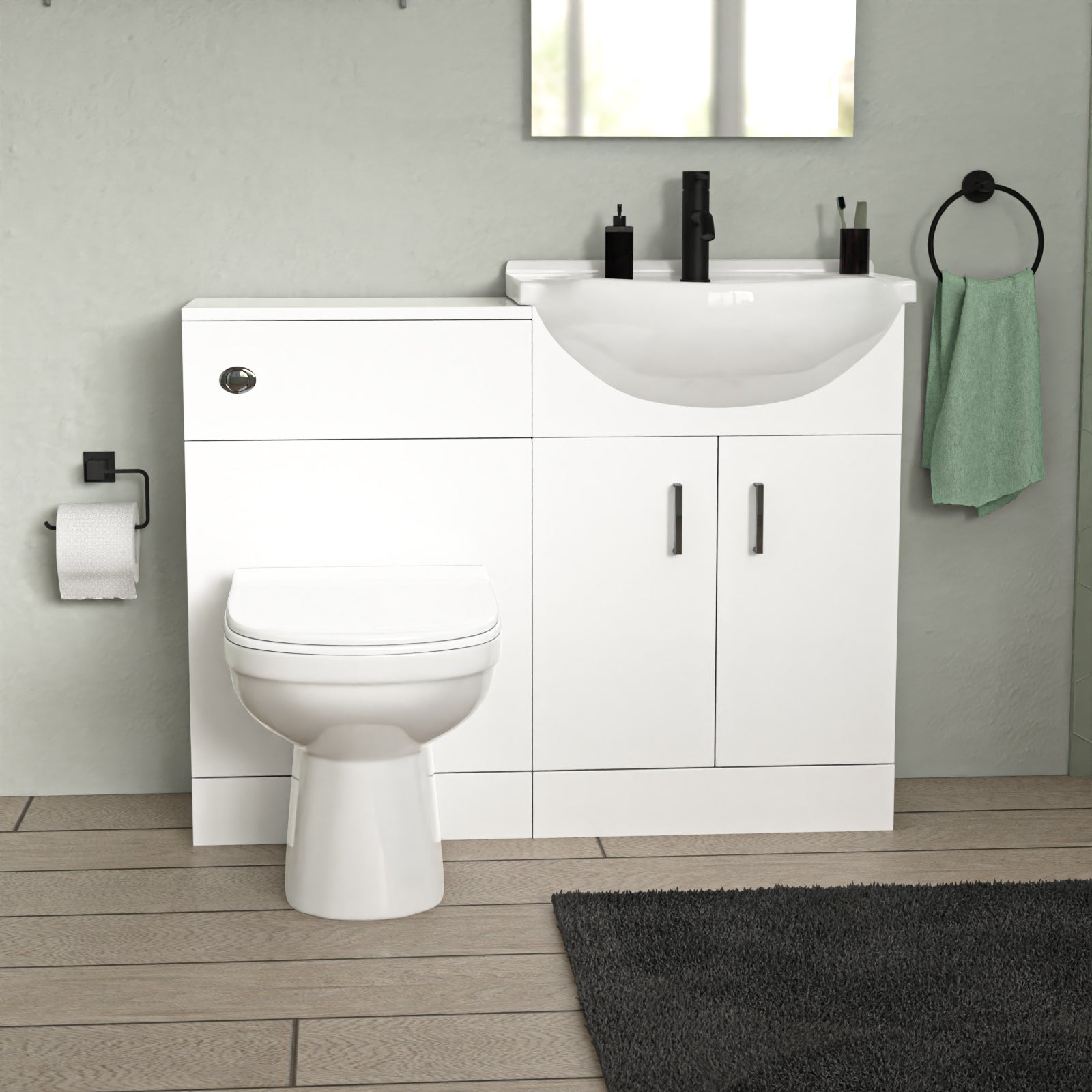 Ellen L-Shaped Shower Bath with Vanity Unit, WC Unit & Toilet