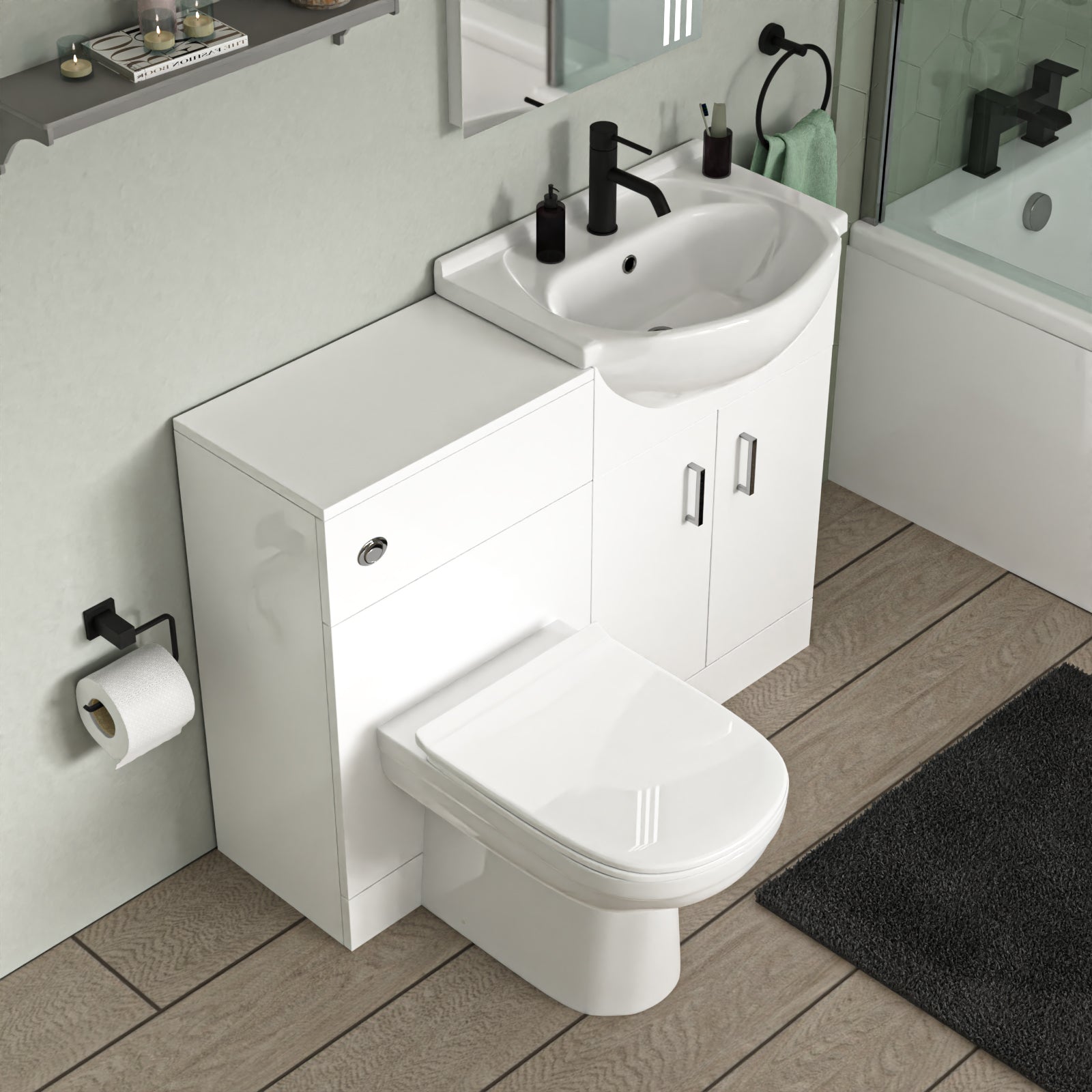 Ellen L-Shaped Shower Bath with Vanity Unit, WC Unit & Toilet