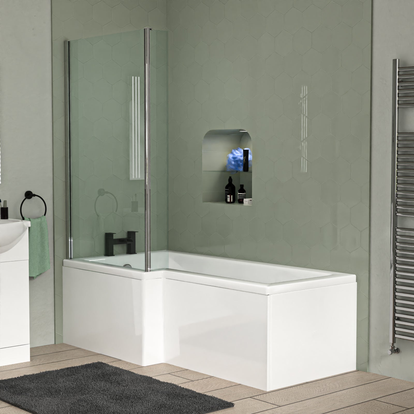 Ellen L-Shaped Shower Bath with Vanity Unit, WC Unit & Toilet