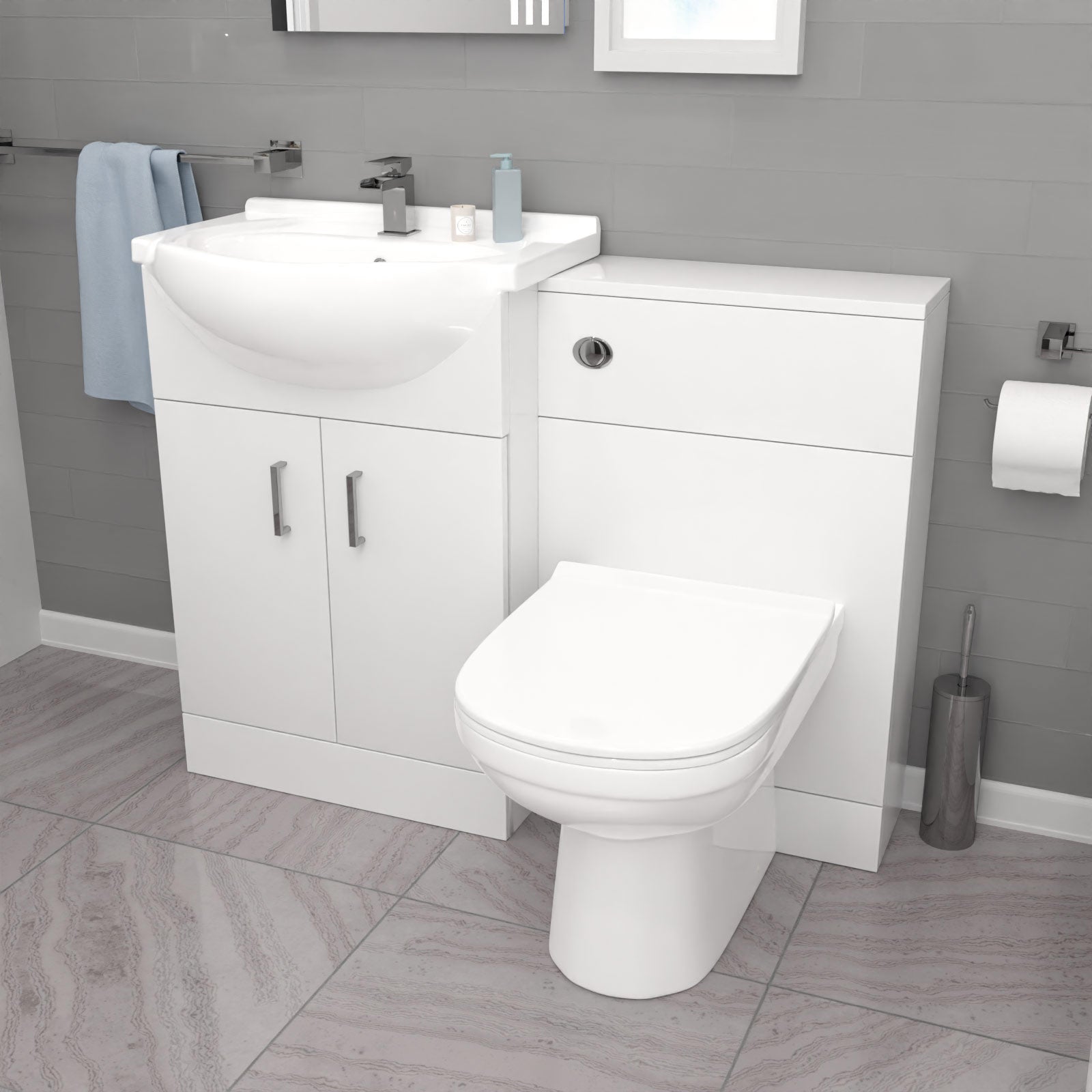 Ellen L-Shaped LH Shower Bath White Basin Vanity Unit with WC & BTW Toilet