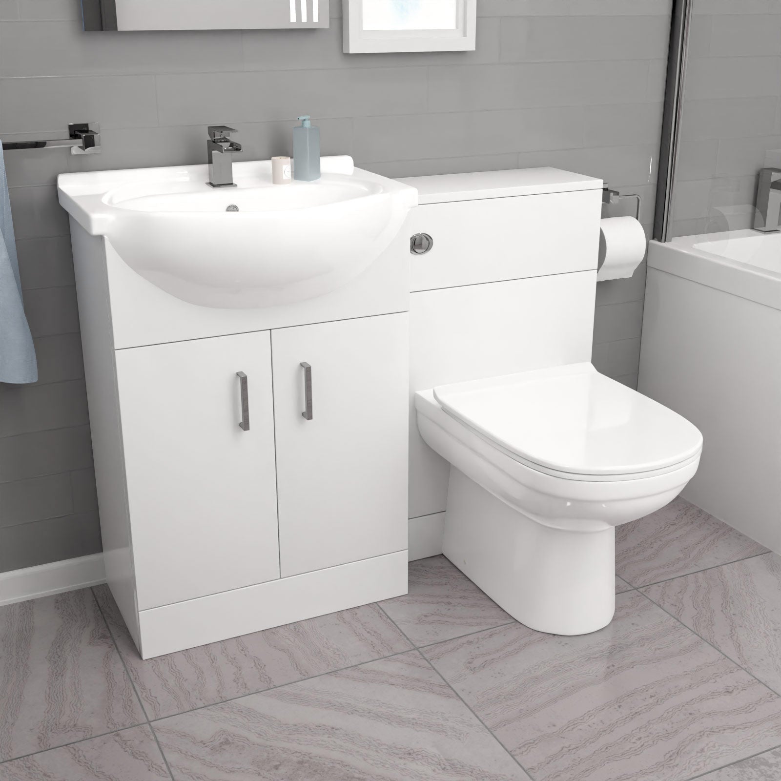 Ellen L-Shaped LH Shower Bath White Basin Vanity Unit with WC & BTW Toilet