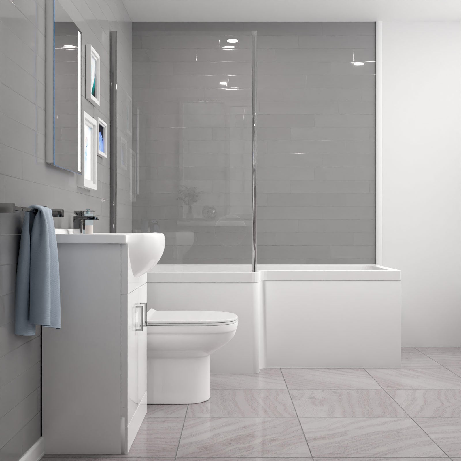 Ellen L-Shaped LH Shower Bath White Basin Vanity Unit with WC & BTW Toilet