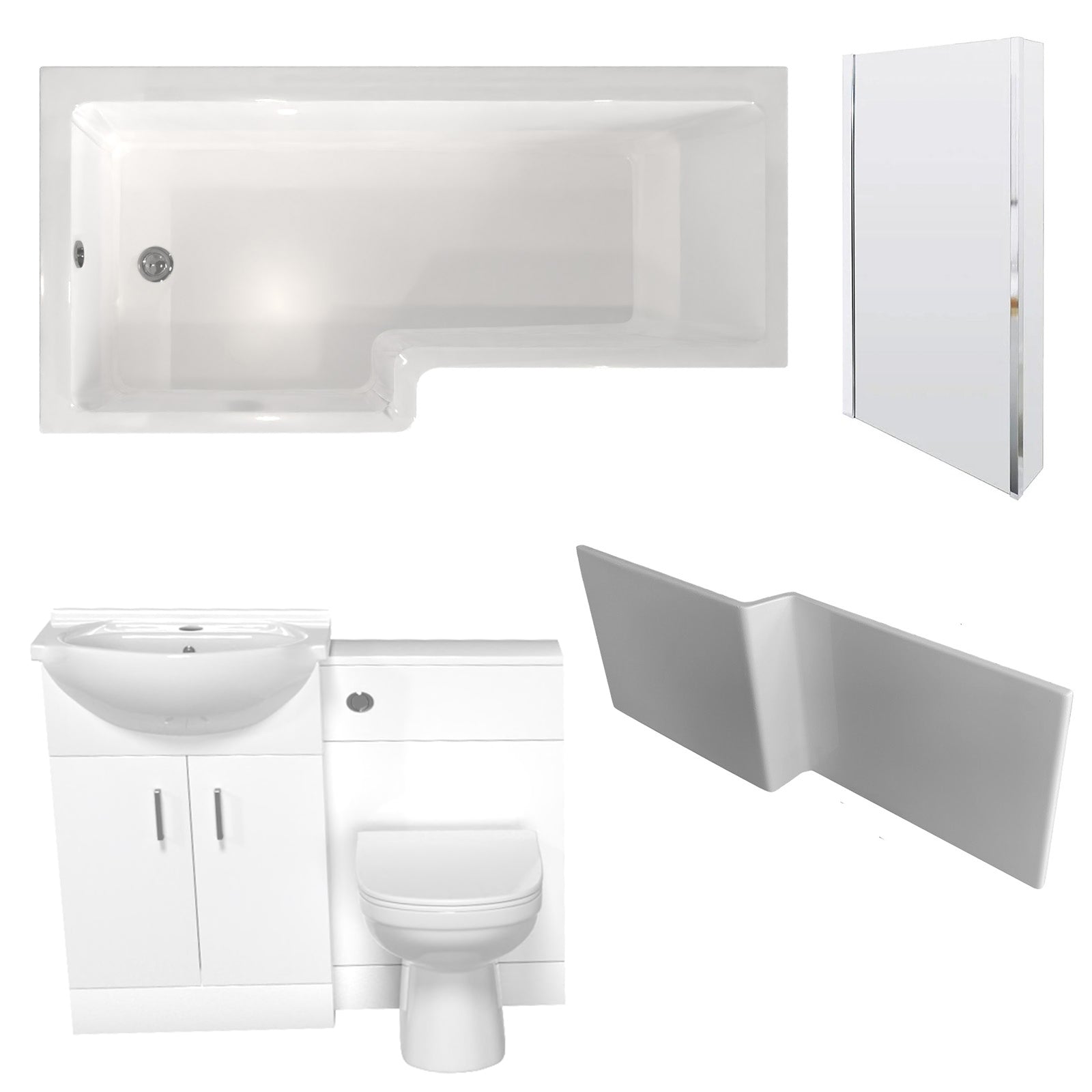 Ellen L-Shaped LH Shower Bath White Basin Vanity Unit with WC & BTW Toilet