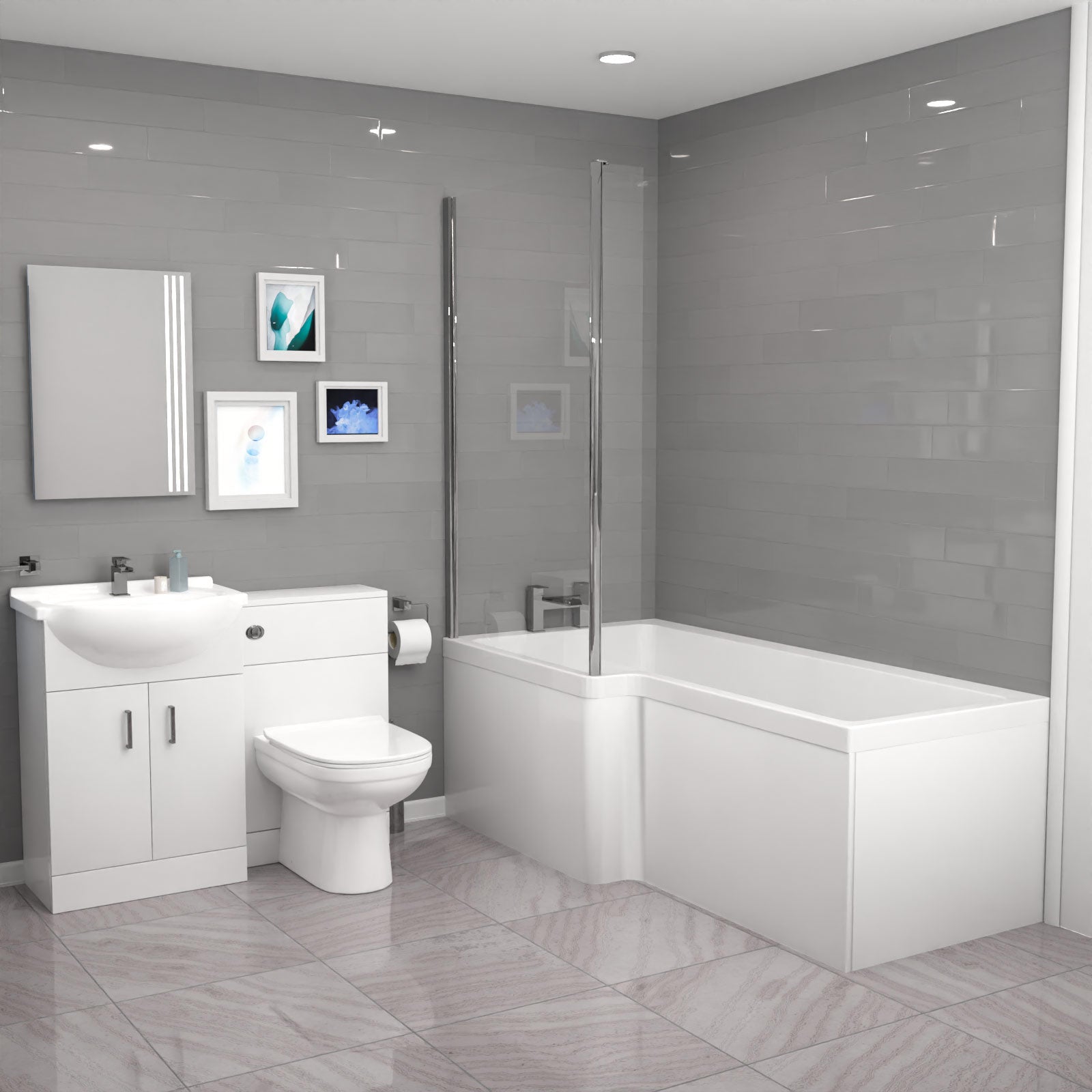 Ellen L-Shaped LH Shower Bath White Basin Vanity Unit with WC & BTW Toilet
