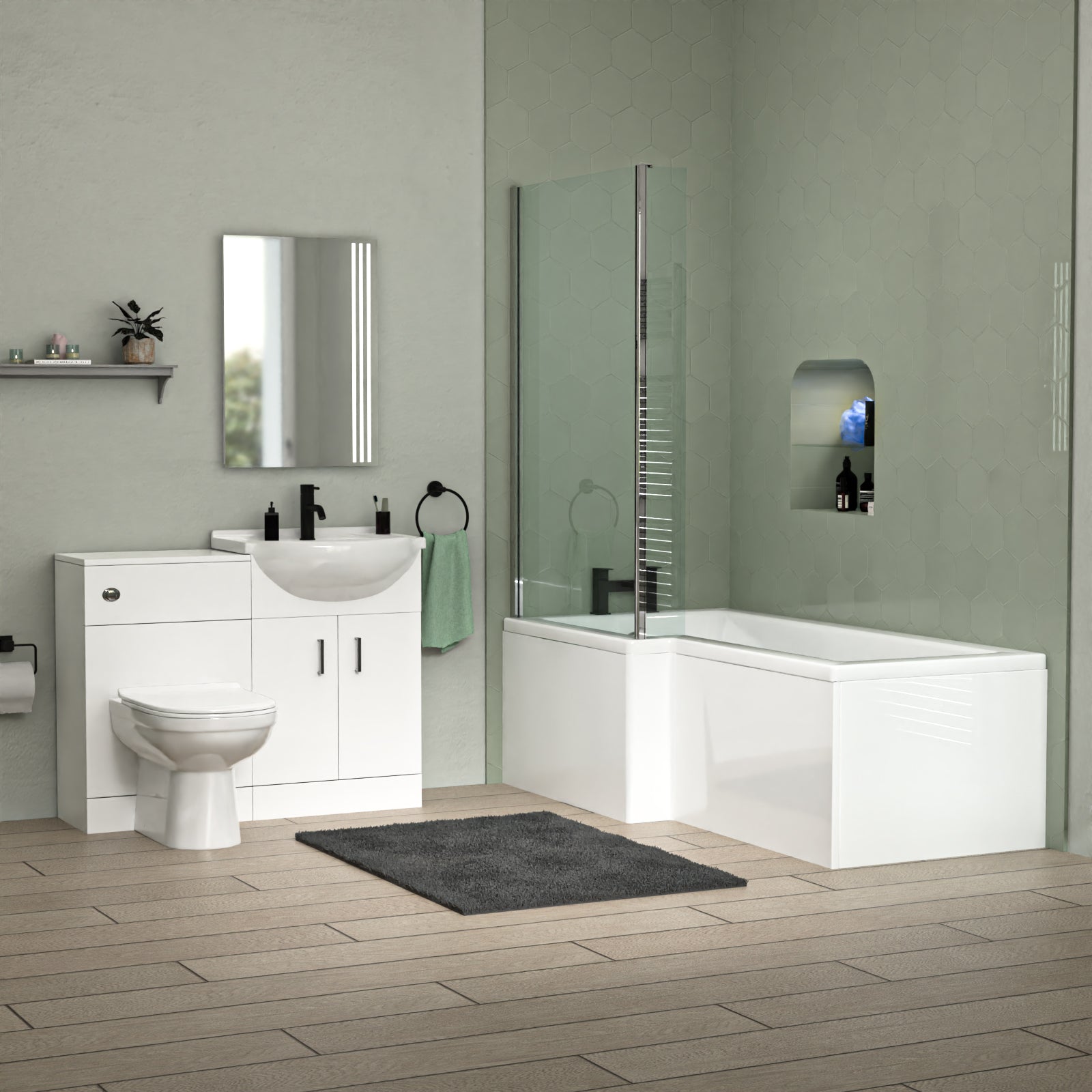 Ellen L-Shaped Shower Bath with Vanity Unit, WC Unit & Toilet