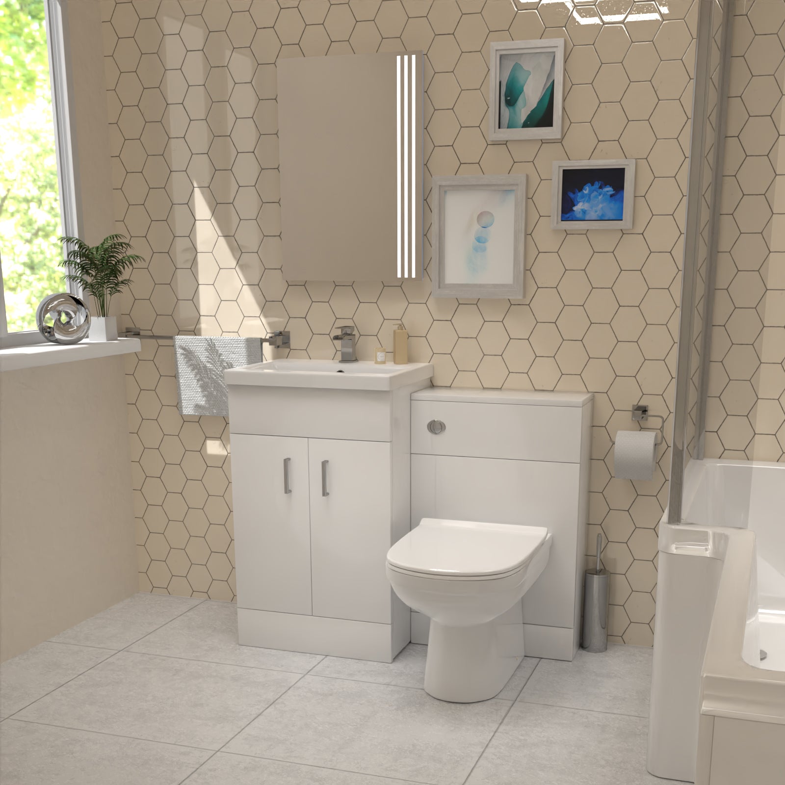 L-Shaped LH Shower Bath Floor Standing White Basin Vanity BTW Toilet