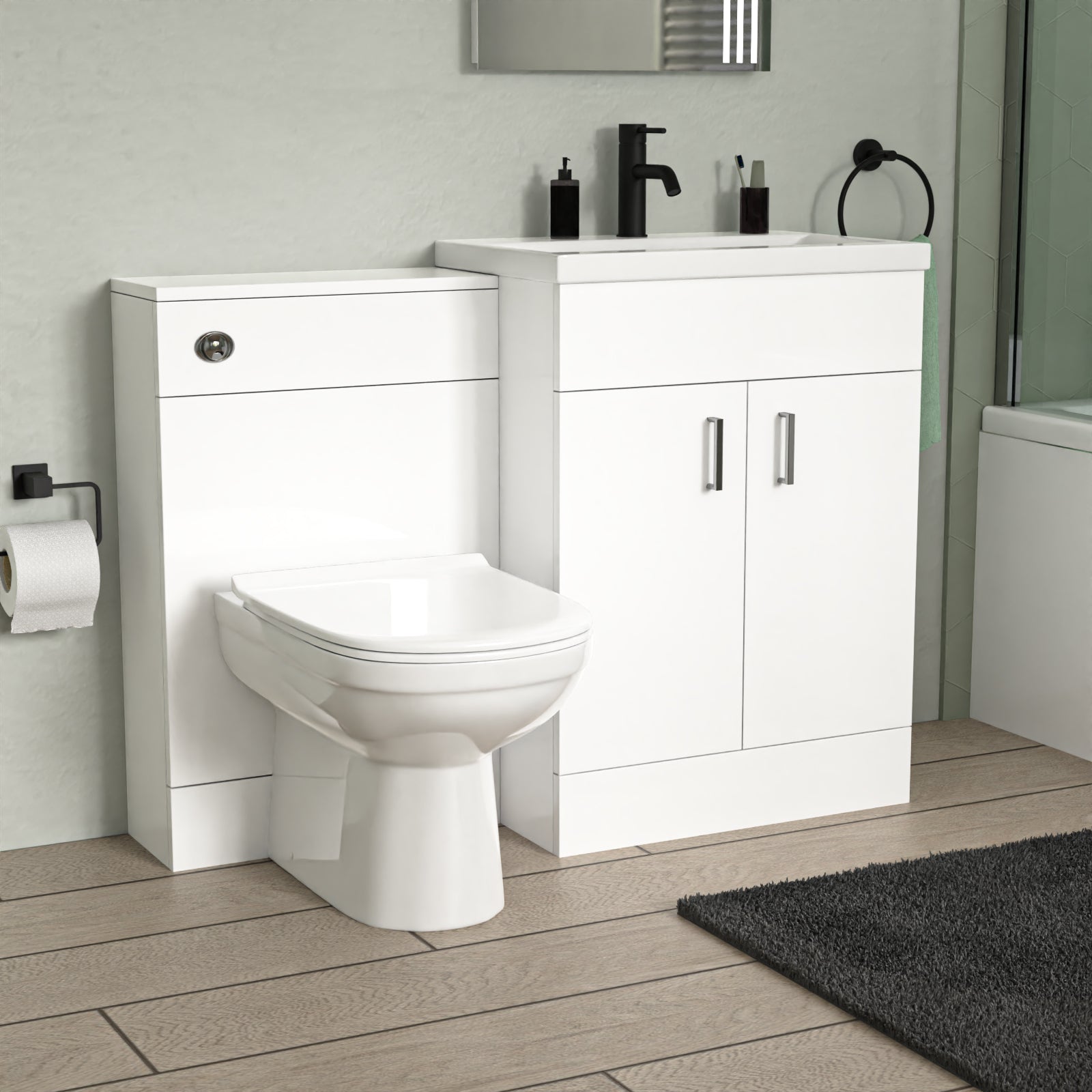 Nanuya L-Shaped Shower Bath with Vanity Unit & Toilet, Taps & Shower