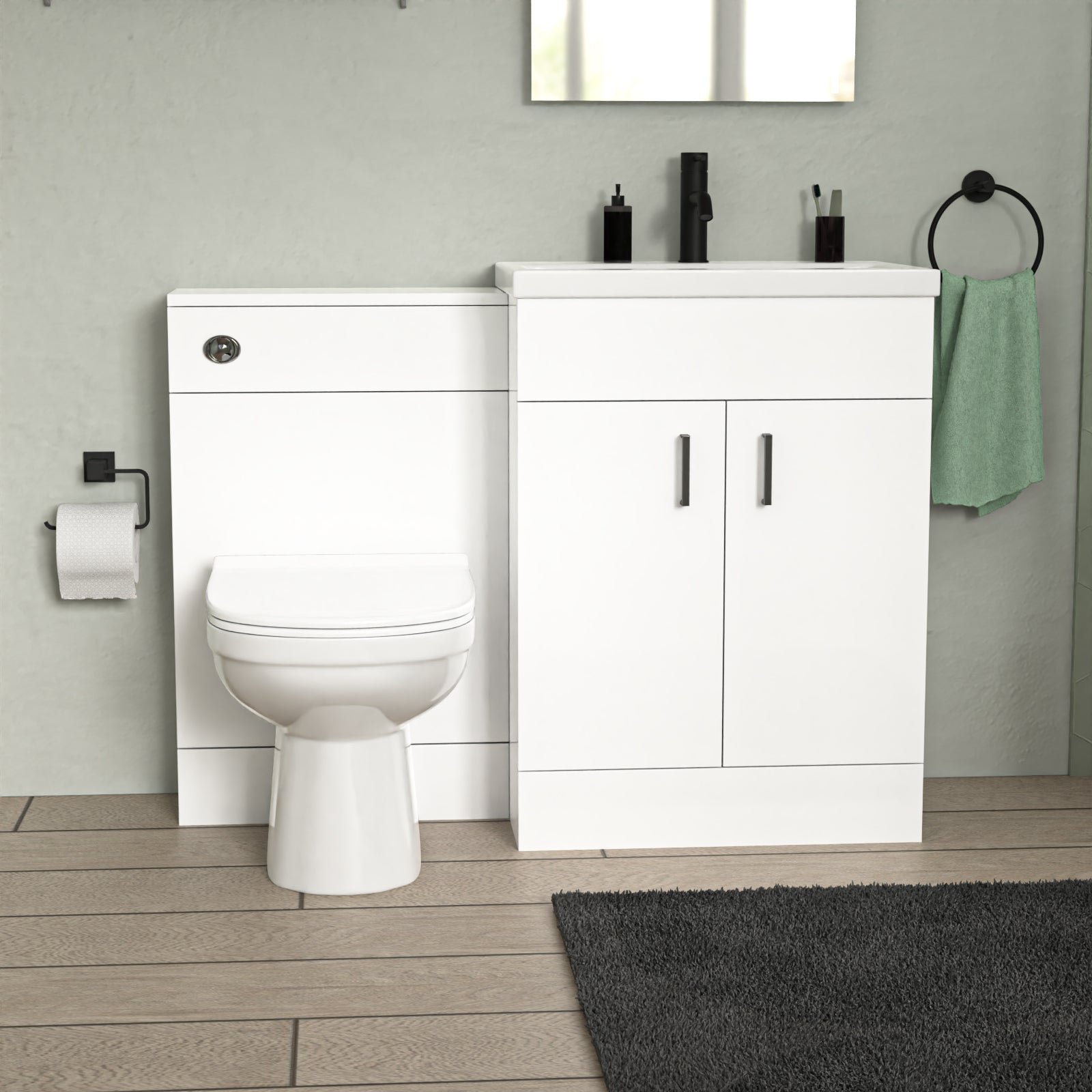 Nanuya L-Shaped Shower Bath with Vanity Unit & Toilet, Taps & Shower